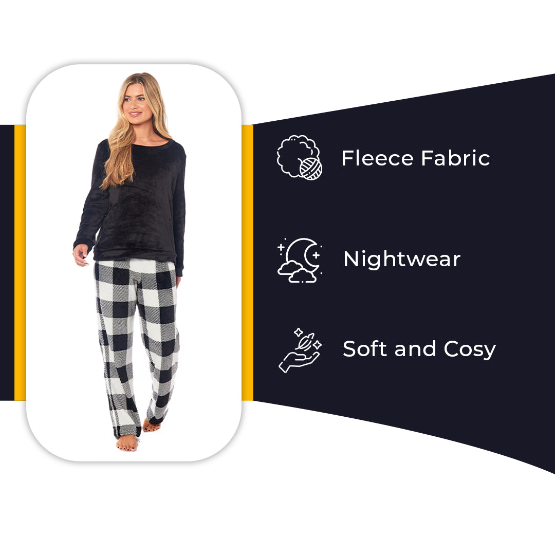 Women's Buffalo Check Fleece Pyjamas Set, Long Sleeve Top & Pajama Bottoms, Cosy Loungewear Nightwear