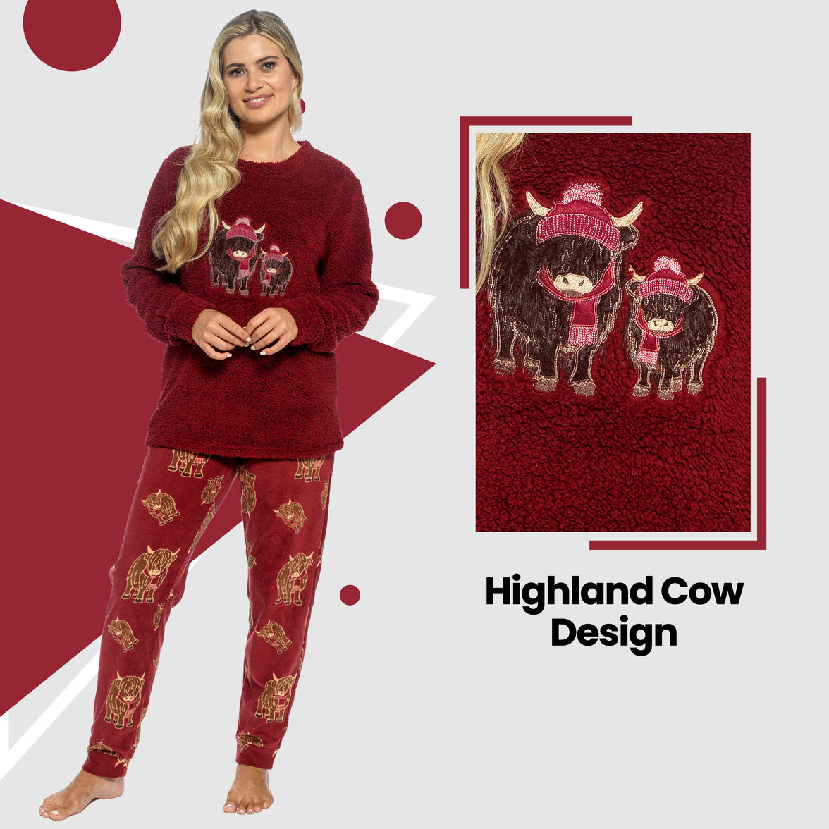 Daisy Dreamer women's highland cow print cotton jersey pyjama set with long sleeves, available in S-XL, comfortable loungewear.