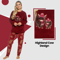 Daisy Dreamer women's highland cow print cotton jersey pyjama set with long sleeves, available in S-XL, comfortable loungewear.