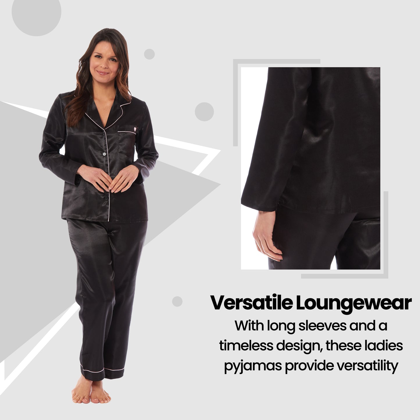 Luxurious Women's Satin Silk Long Sleeve Pyjama Set Cozy Loungewear Nightwear with Dress Shirt Collar and Loose-Fitting Pants in Black Pink Grey by Daisy Dreamer. Buy now for £13.00.