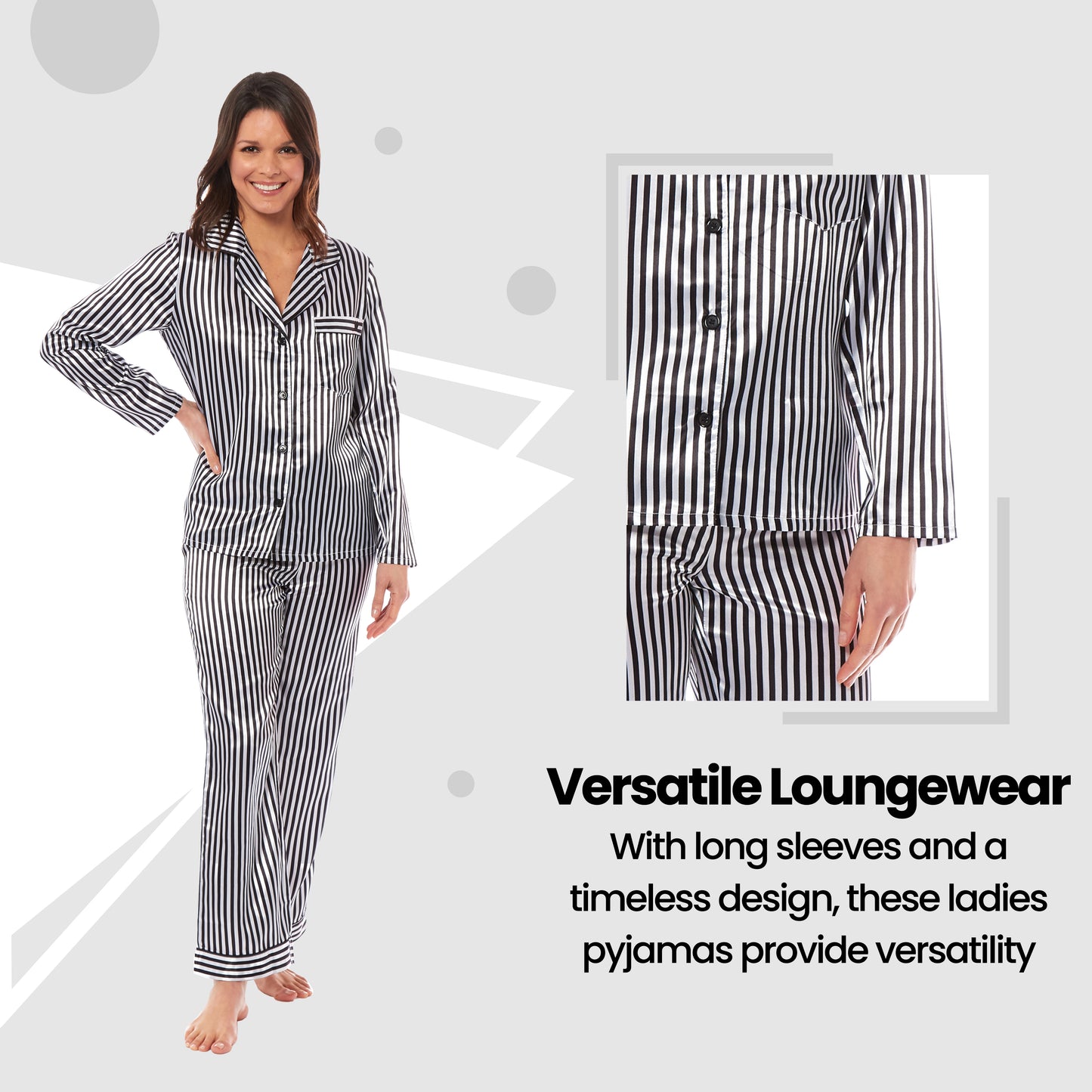 Luxurious Women's Satin Silk Long Sleeve Pyjama Set Cozy Loungewear Nightwear with Dress Shirt Collar and Loose-Fitting Pants in Black Pink Grey by Daisy Dreamer. Buy now for £13.00.