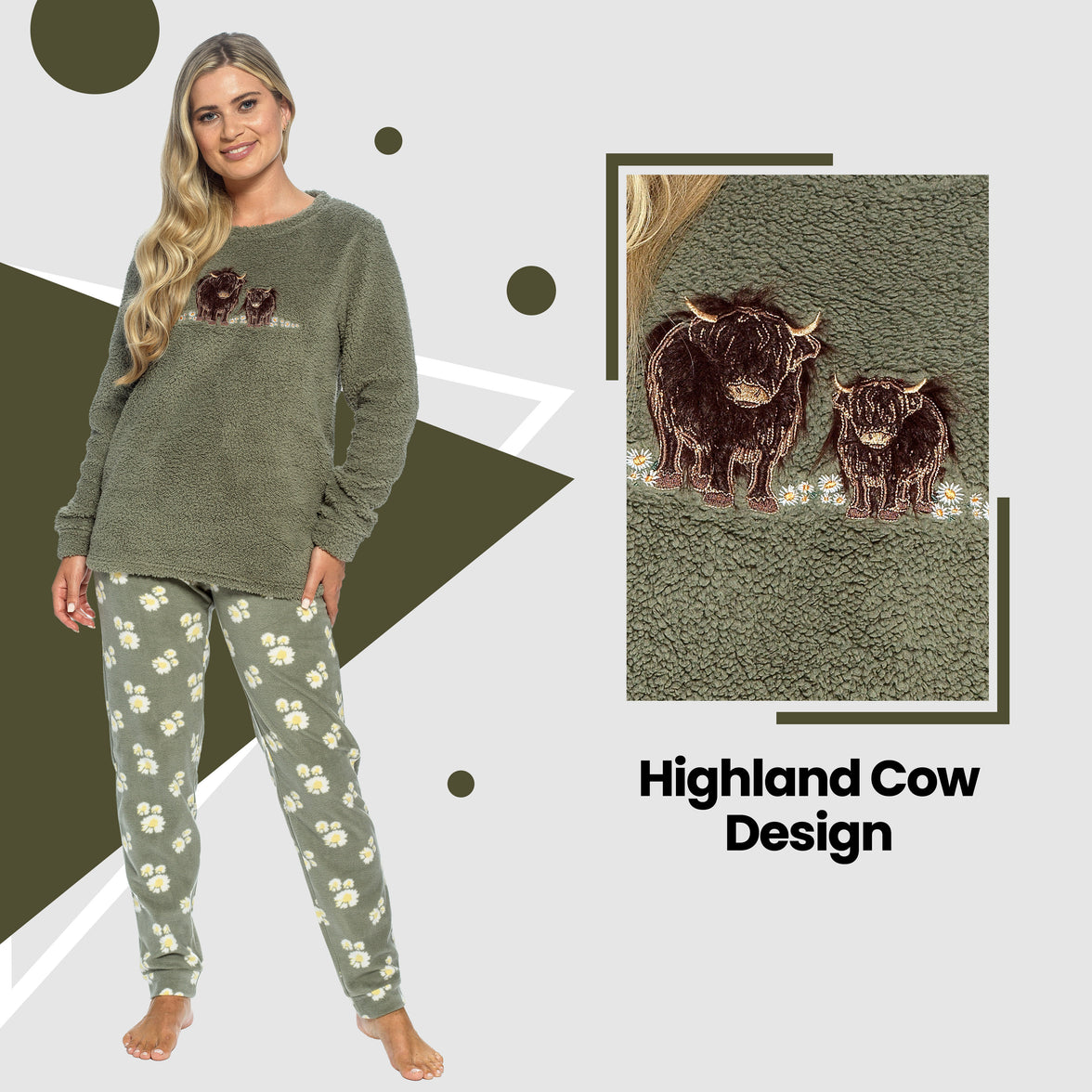 Conjunto de pijama de jersey de algodón con estampado de vaca Highland para mujer Daisy Dreamer, manga larga, ropa cómoda