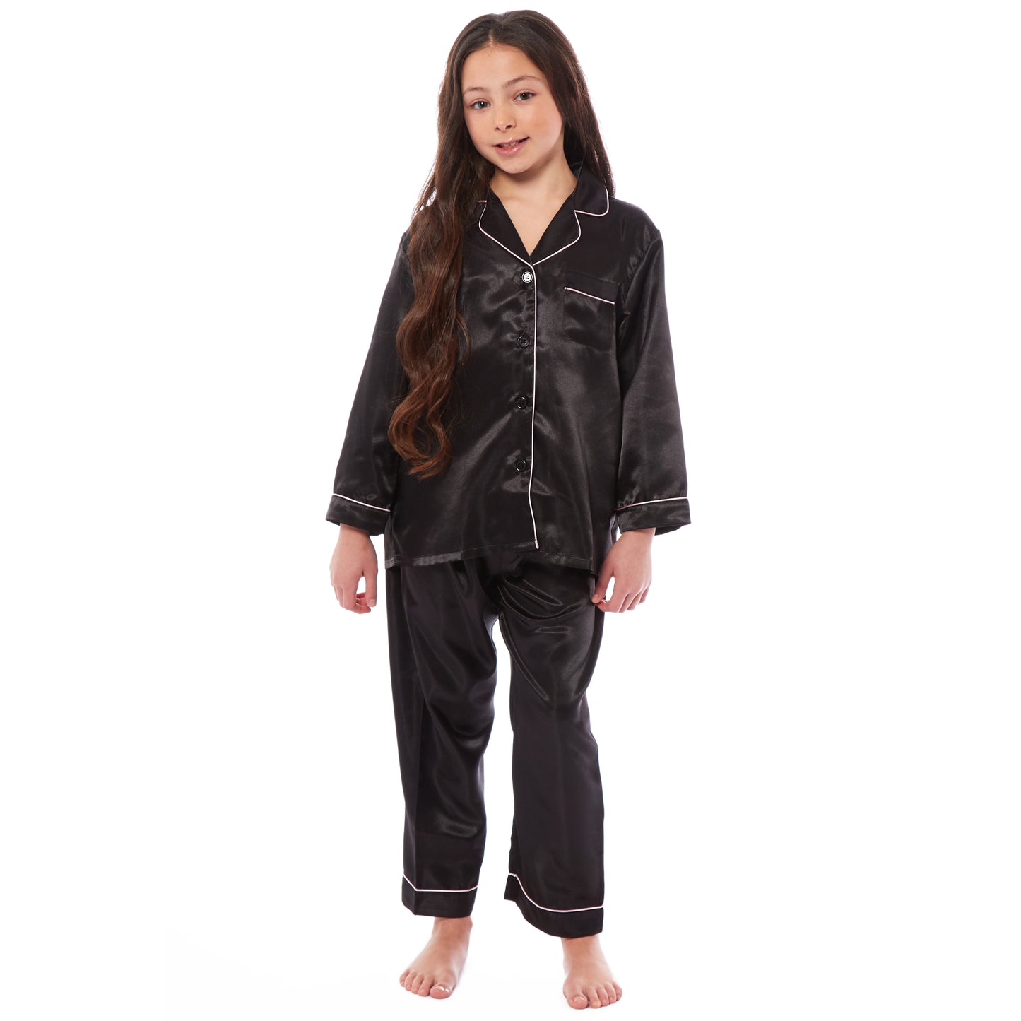 Girls Long Sleeve Satin Silk Pyjama Set Comfortable Button-Down Sleepwear in Black Pink Grey Sizes 5-14 YRS by Daisy Dreamer. Buy now for £14.00.