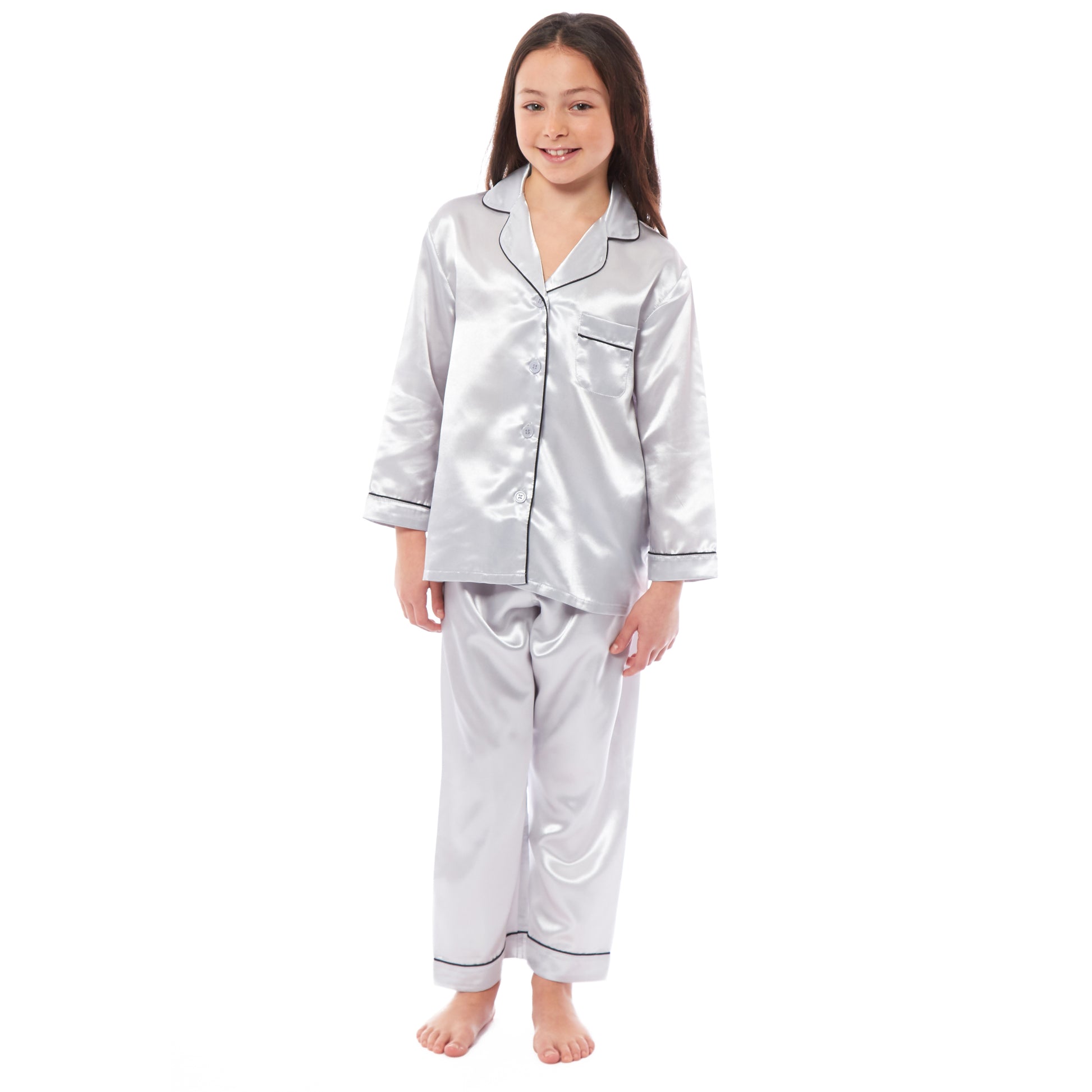Girls Long Sleeve Satin Silk Pyjama Set Comfortable Button-Down Sleepwear in Black Pink Grey Sizes 5-14 YRS by Daisy Dreamer. Buy now for £14.00.