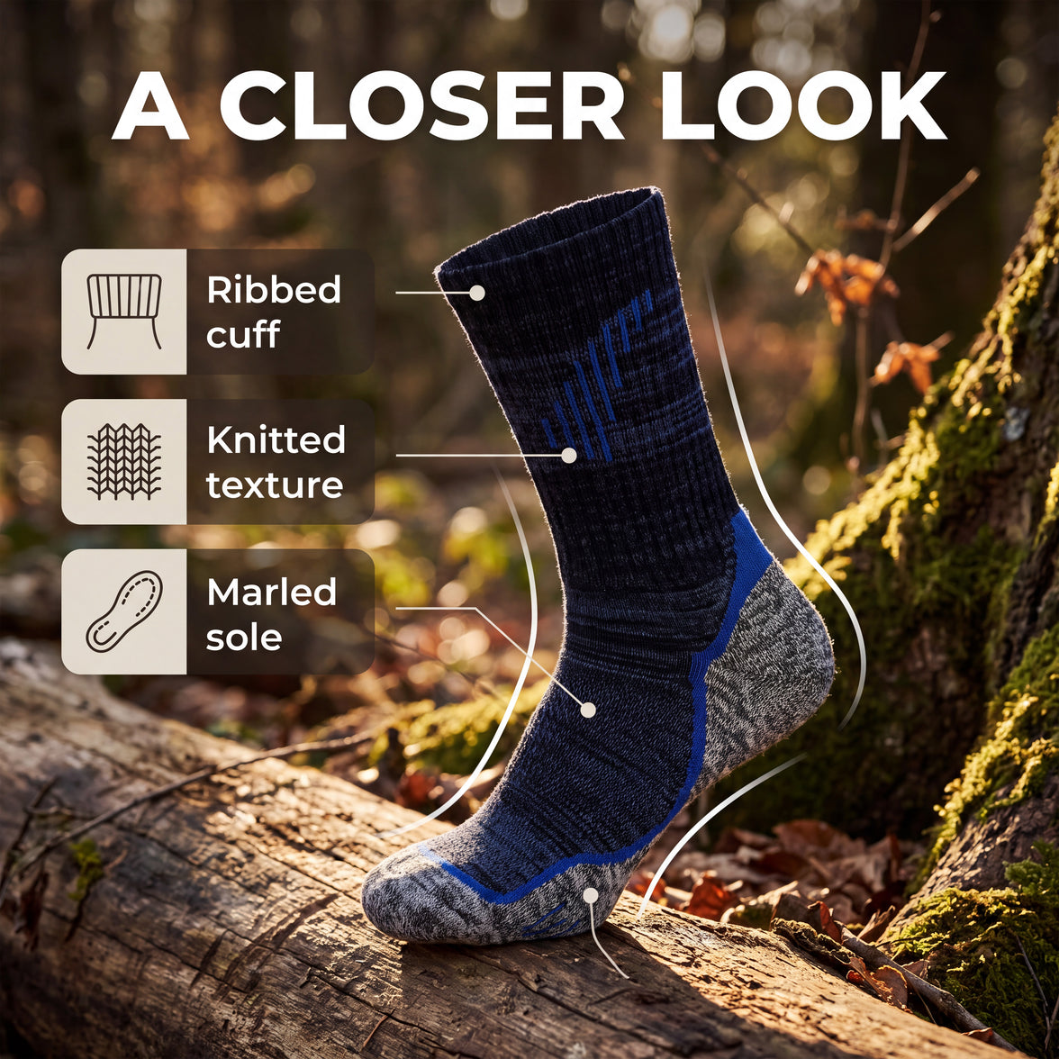 Sock Stack men's merino wool hiking and walking socks, 4 pairs with cushioning, UK sizes 6-11, shown in a pack with various colors.