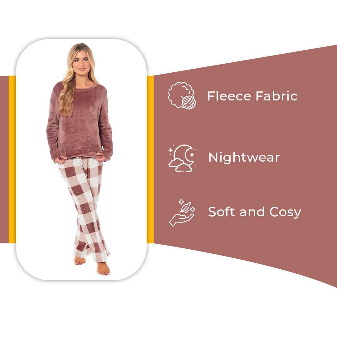 Women's Buffalo Check Fleece Pyjamas Set, Long Sleeve Top & Pajama Bottoms, Cosy Loungewear Nightwear