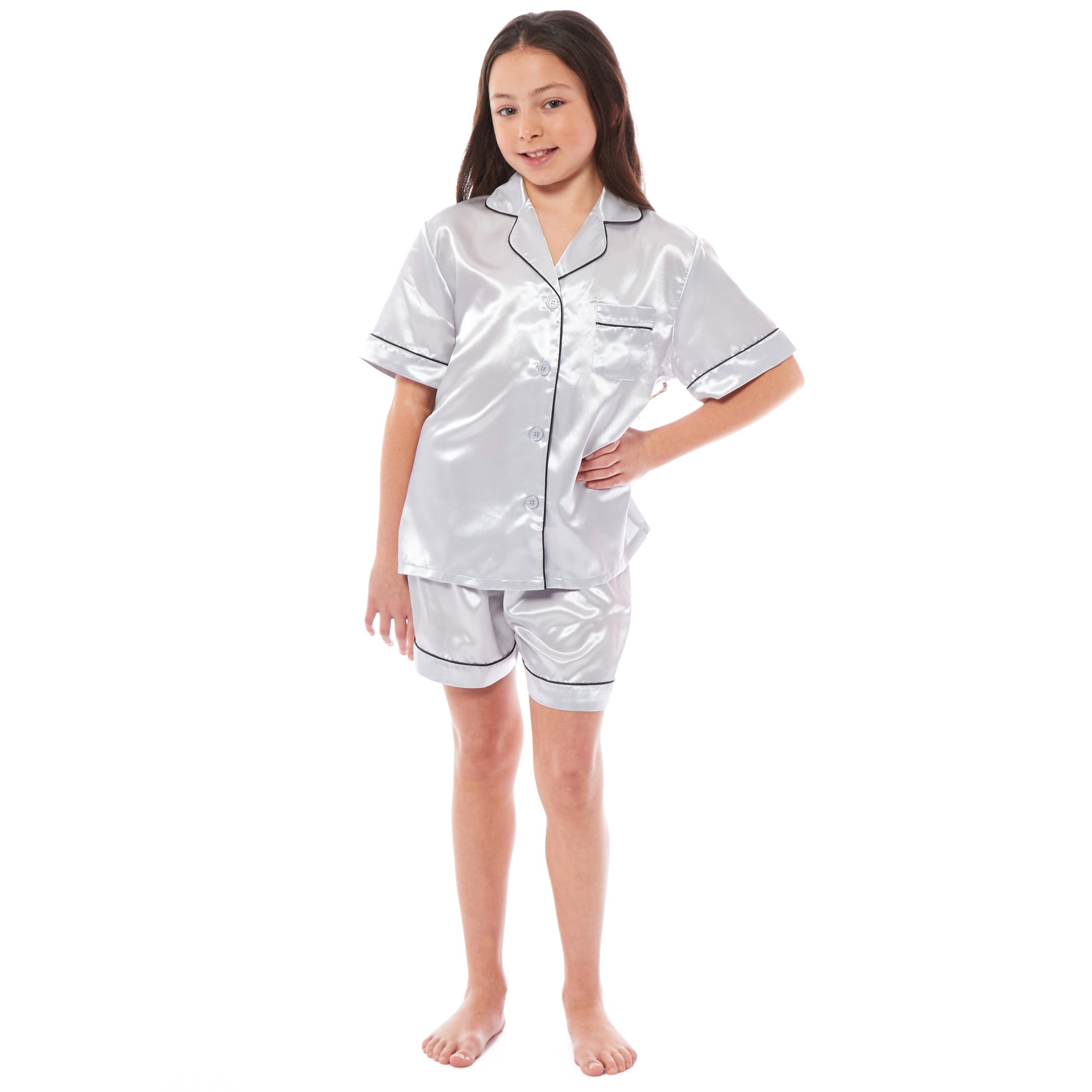 Kids Satin Silk Pyjama Set for Girls with Button-Down Shirt and Loose-Fitting Pants Comfortable Loungewear in Black Pink Grey Ages 5-14 by Daisy Dreamer. Buy now for £12.00.