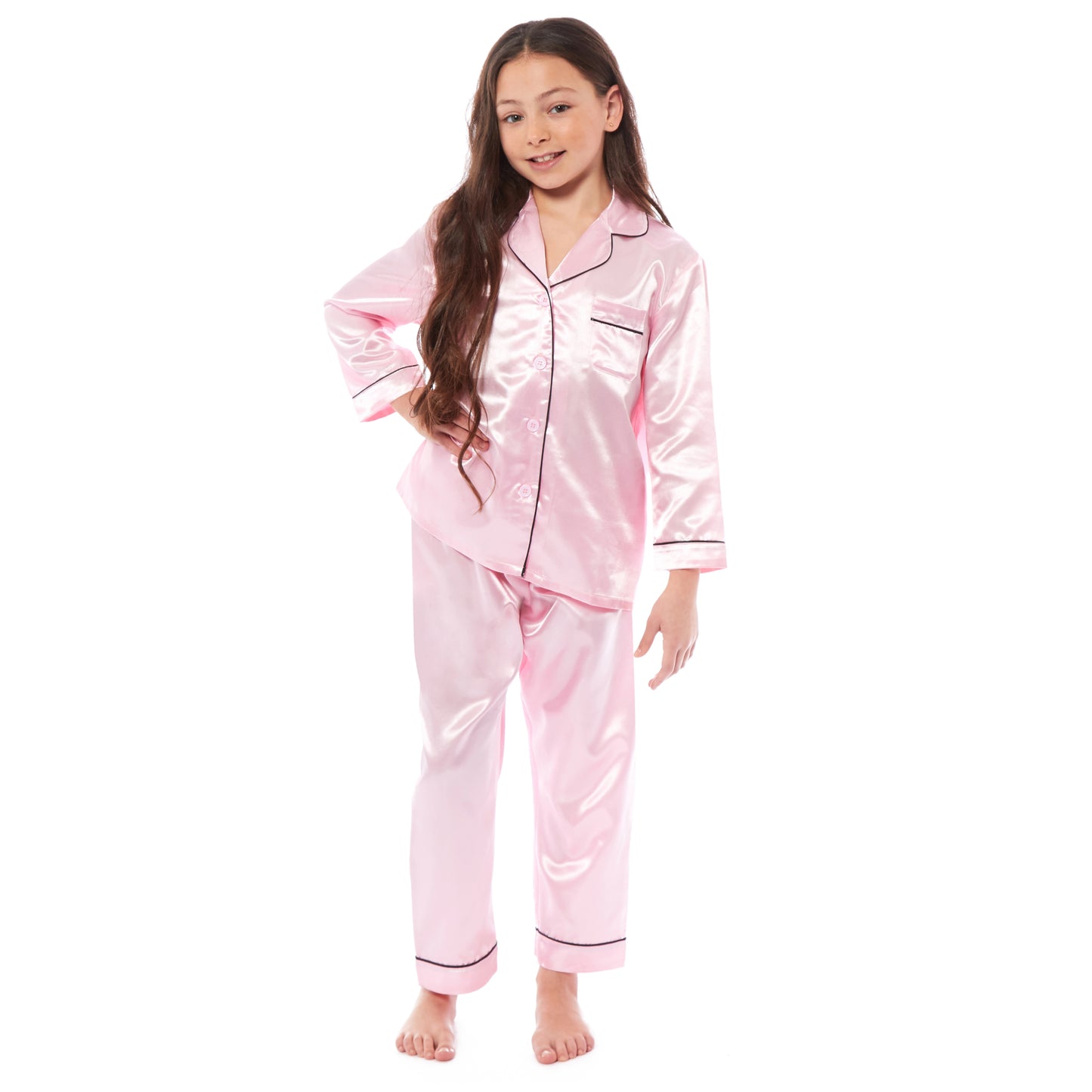 Girls Long Sleeve Satin Silk Pyjama Set Comfortable Button-Down Sleepwear in Black Pink Grey Sizes 5-14 YRS by Daisy Dreamer. Buy now for £14.00.