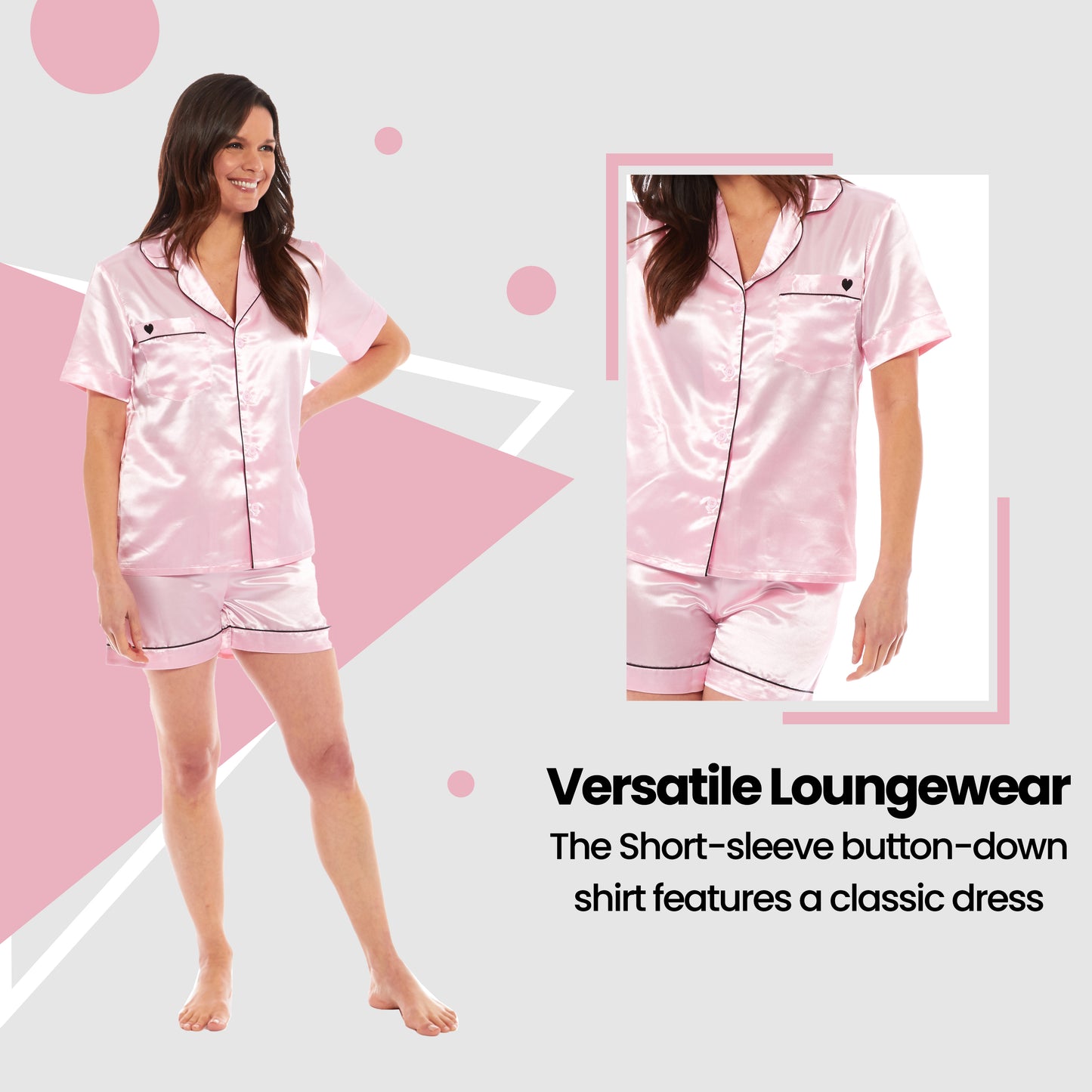 Women's Satin Silk Short Pyjama Set Soft Breathable Nightwear Loungewear PJs Black Pink Grey UK Sizes 8-22 by Daisy Dreamer. Buy now for £10.00.