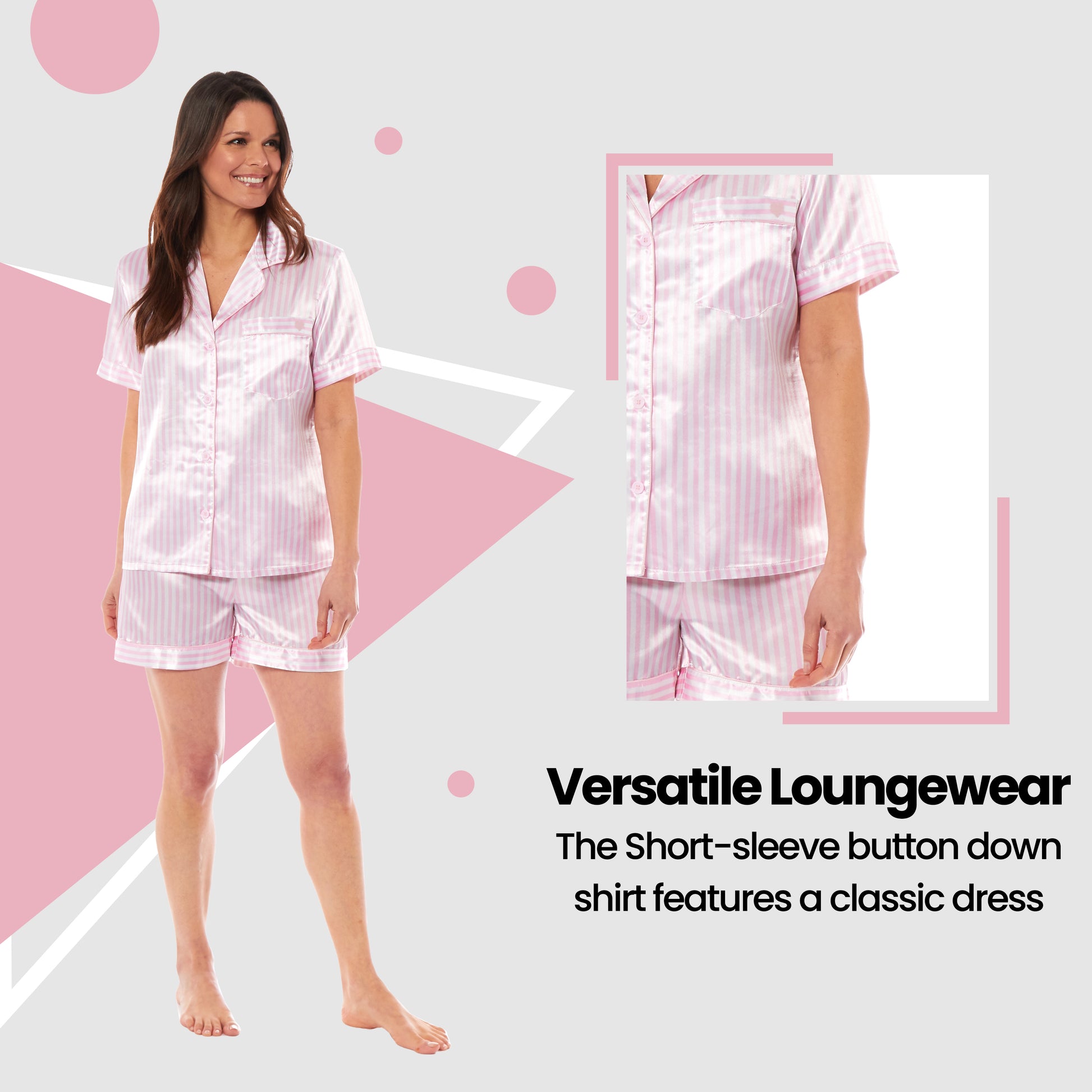Women's Satin Silk Short Pyjama Set Soft Breathable Nightwear Loungewear PJs Black Pink Grey UK Sizes 8-22 by Daisy Dreamer. Buy now for £10.00.