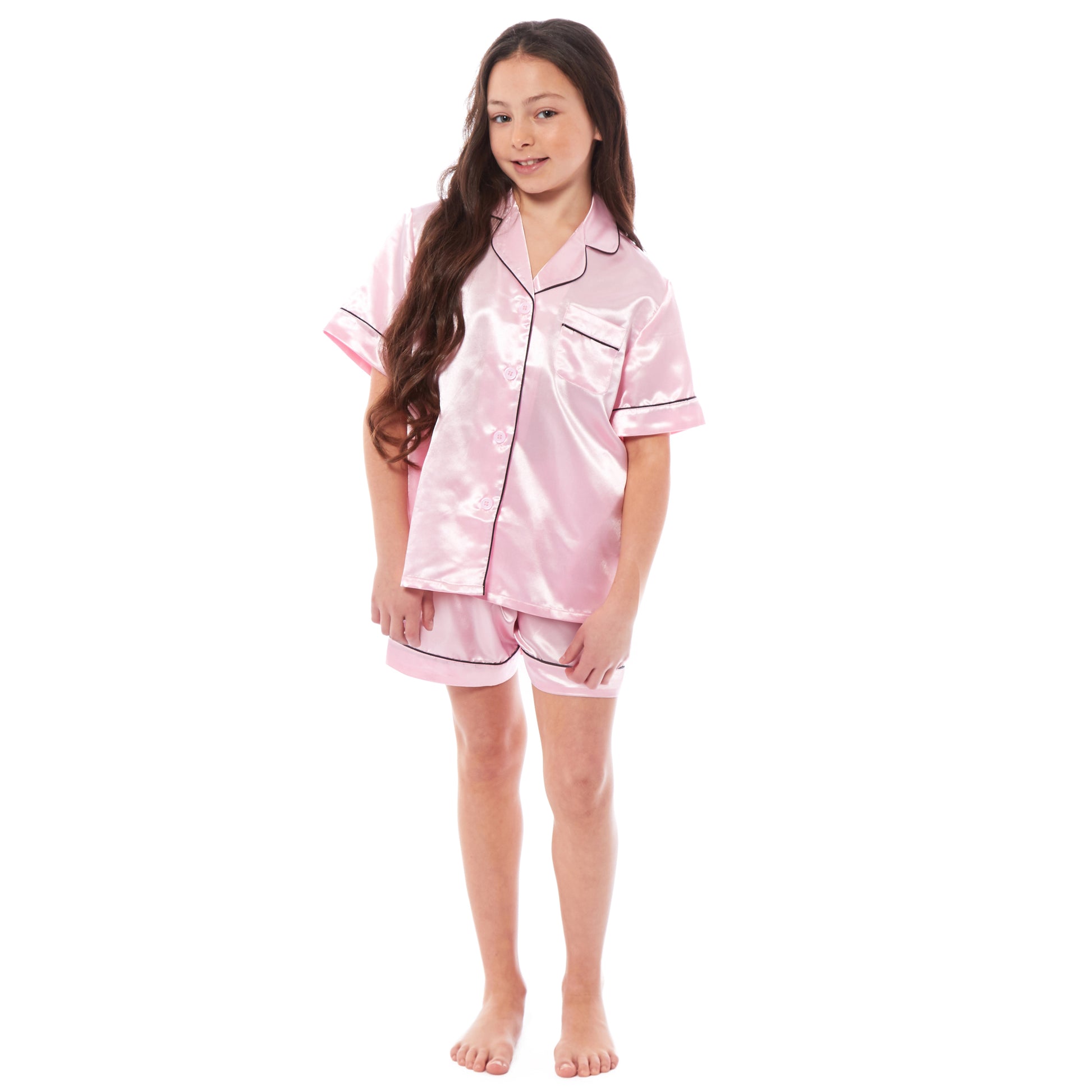 Kids Satin Silk Pyjama Set for Girls with Button-Down Shirt and Loose-Fitting Pants Comfortable Loungewear in Black Pink Grey Ages 5-14 by Daisy Dreamer. Buy now for £12.00.
