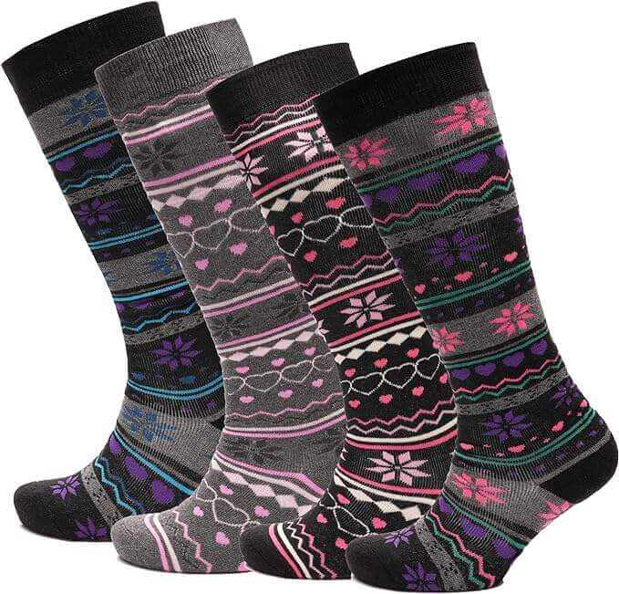 4 Pairs Ladies Ski Boot Socks Knee Length Cotton Rich with Full Cushioning and Thermal Insulation for Warmth and Comfort Fair Isle Pattern Fits Sizes 4-7 by Sock Stack. Buy now for £8.00.