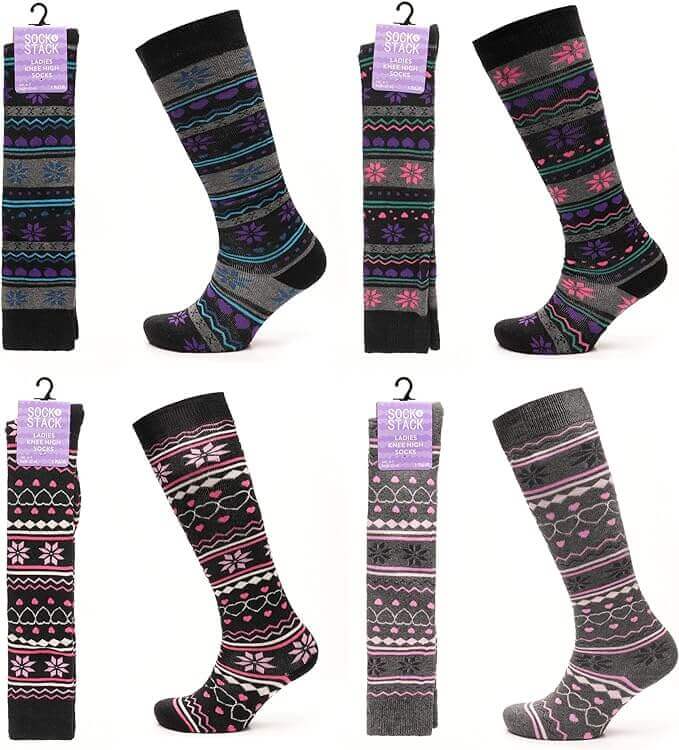 4 Pairs Ladies Ski Boot Socks Knee Length Cotton Rich with Full Cushioning and Thermal Insulation for Warmth and Comfort Fair Isle Pattern Fits Sizes 4-7 by Sock Stack. Buy now for £8.00.
