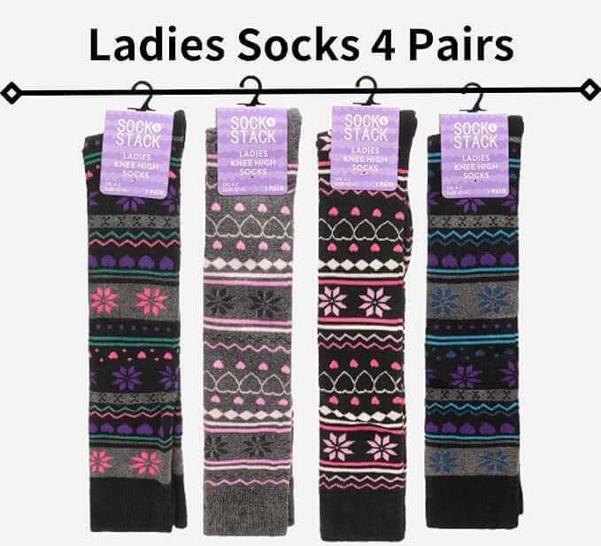 4 Pairs Ladies Ski Boot Socks Knee Length Cotton Rich with Full Cushioning and Thermal Insulation for Warmth and Comfort Fair Isle Pattern Fits Sizes 4-7 by Sock Stack. Buy now for £8.00.
