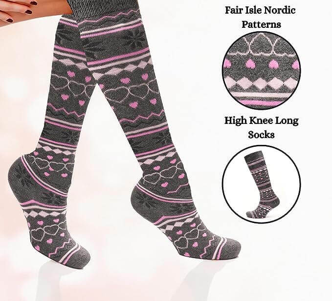 4 Pairs Ladies Ski Boot Socks Knee Length Cotton Rich with Full Cushioning and Thermal Insulation for Warmth and Comfort Fair Isle Pattern Fits Sizes 4-7 by Sock Stack. Buy now for £8.00.
