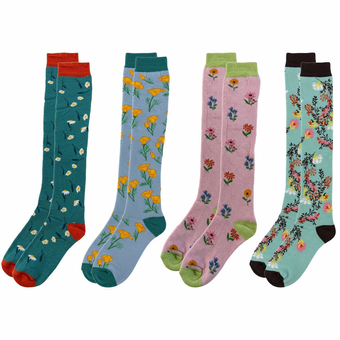 4 Pack Women’s Wellington Flowers Socks Long Welly Socks Outdoor Warm Durable & Soft Fit UK Size 4‑8 by Sock Stack FLOWERS Socks