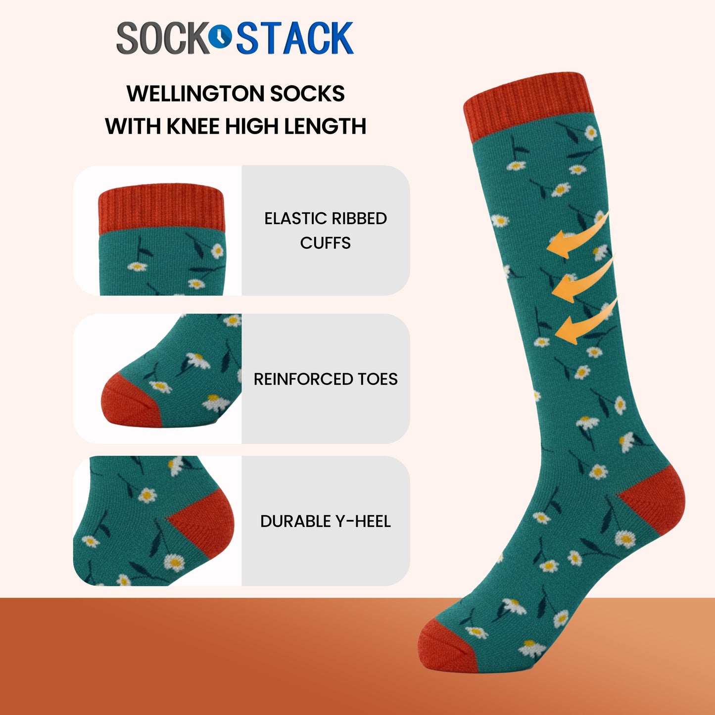 4 Pack Women’s Wellington Flowers Socks Long Welly Socks Outdoor Warm Durable & Soft Fit UK Size 4‑8 by Sock Stack FLOWERS Socks