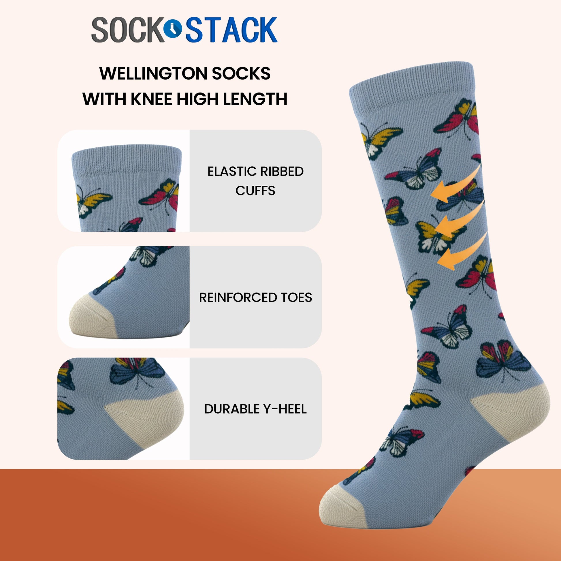 4 Pack Women’s Wellington Garden Bugs Socks Long Welly Socks Outdoor Warm Durable & Soft Fit UK Size 4‑8 by Sock Stack GARDEN BUGS Socks