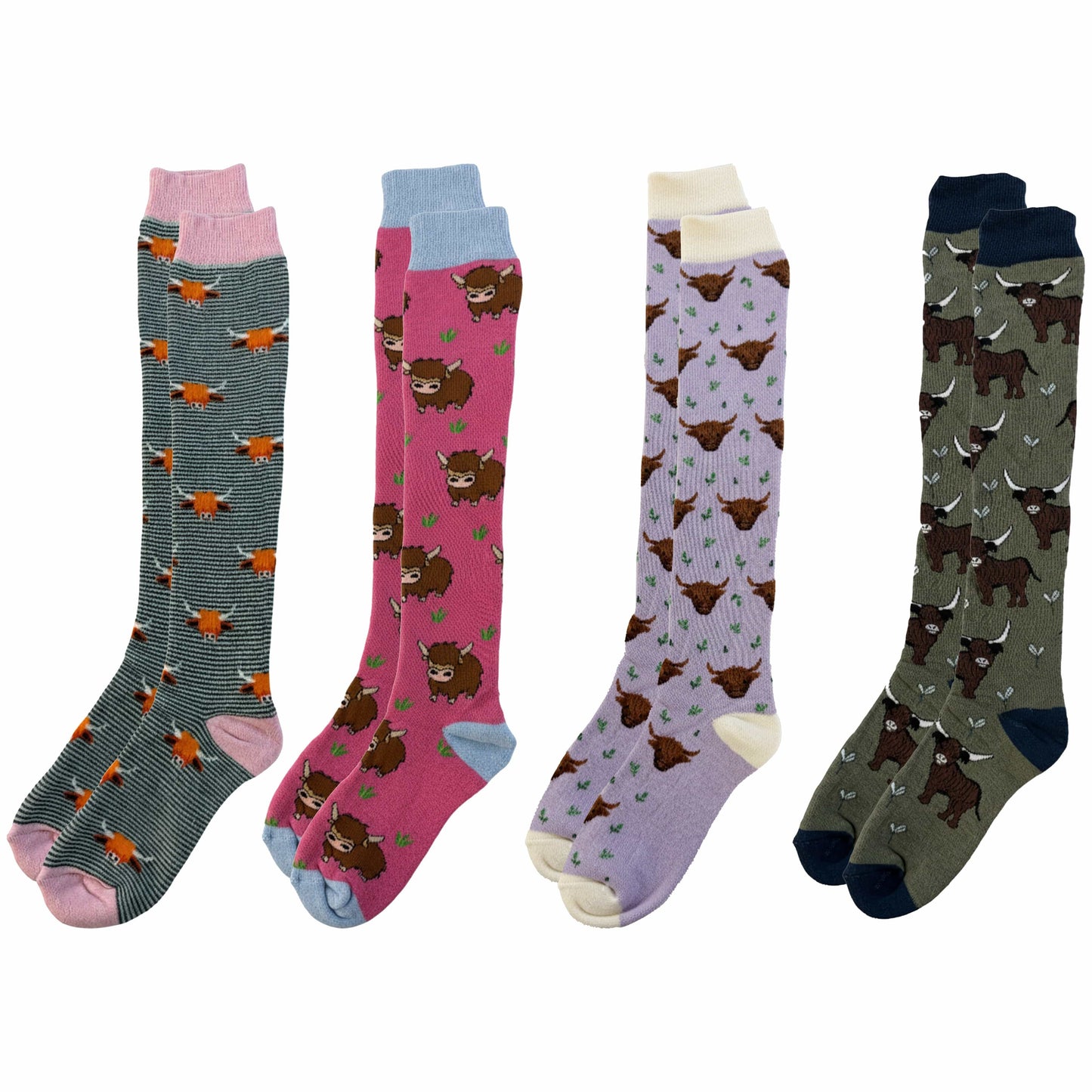 4 Pack Women’s Wellington Highland Cow Socks Long Welly Socks Outdoor Warm Durable & Soft Fit UK Size 4‑8 by Sock Stack HIGHLAND COW Socks