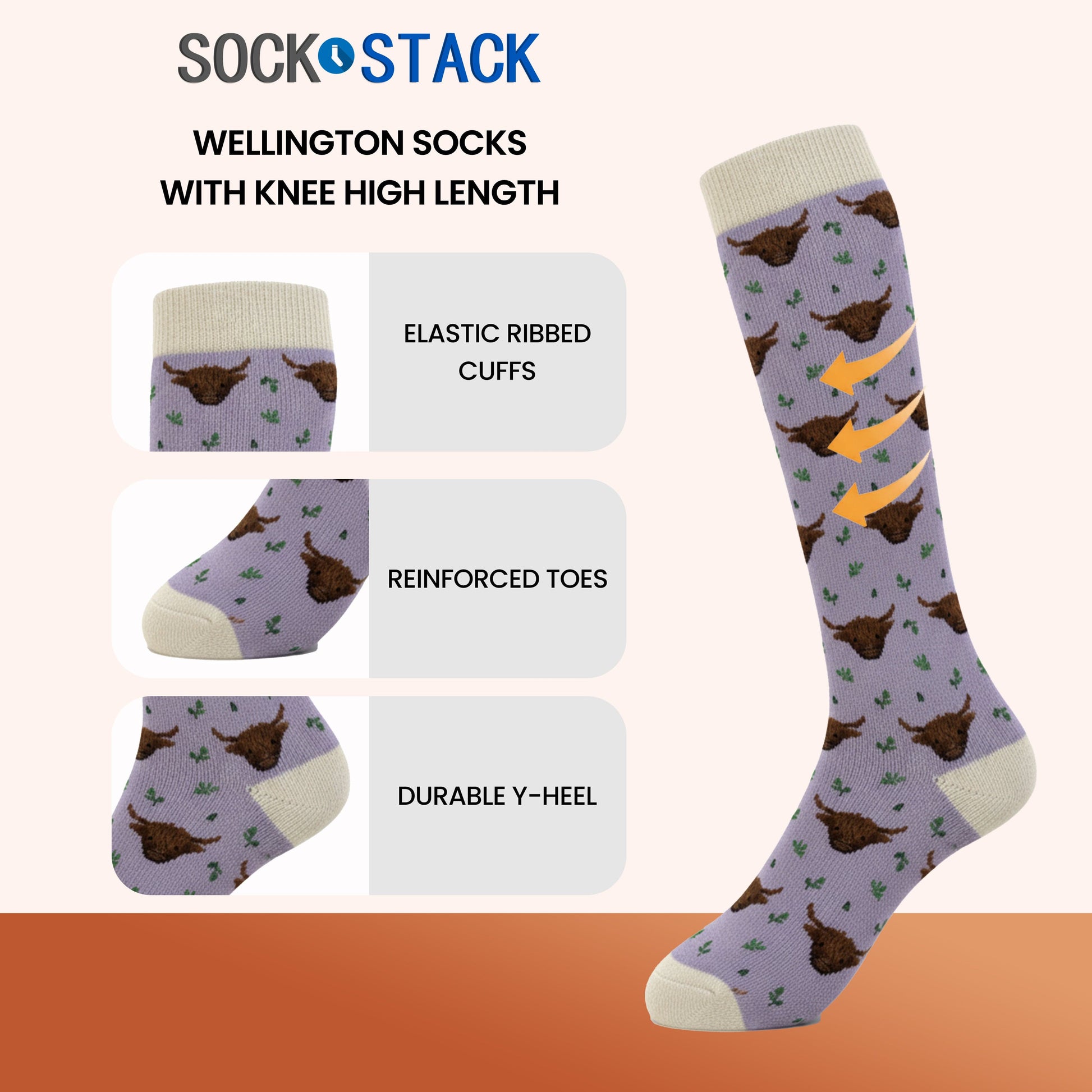 4 Pack Women’s Wellington Highland Cow Socks Long Welly Socks Outdoor Warm Durable & Soft Fit UK Size 4‑8 by Sock Stack HIGHLAND COW Socks