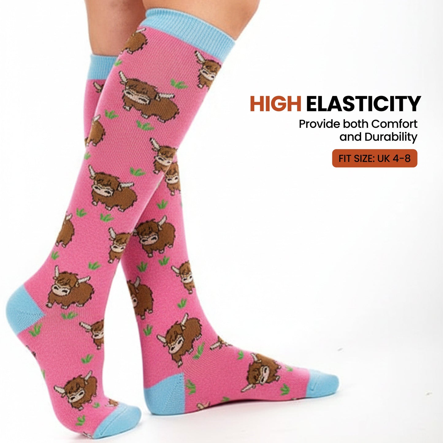 4 Pack Women’s Wellington Highland Cow Socks Long Welly Socks Outdoor Warm Durable & Soft Fit UK Size 4‑8 by Sock Stack HIGHLAND COW Socks