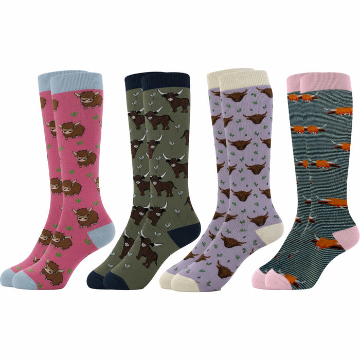 4 Pack Women’s Wellington Highland Cow Socks Long Welly Socks Outdoor Warm Durable & Soft Fit UK Size 4‑8 by Sock Stack HIGHLAND COW Socks