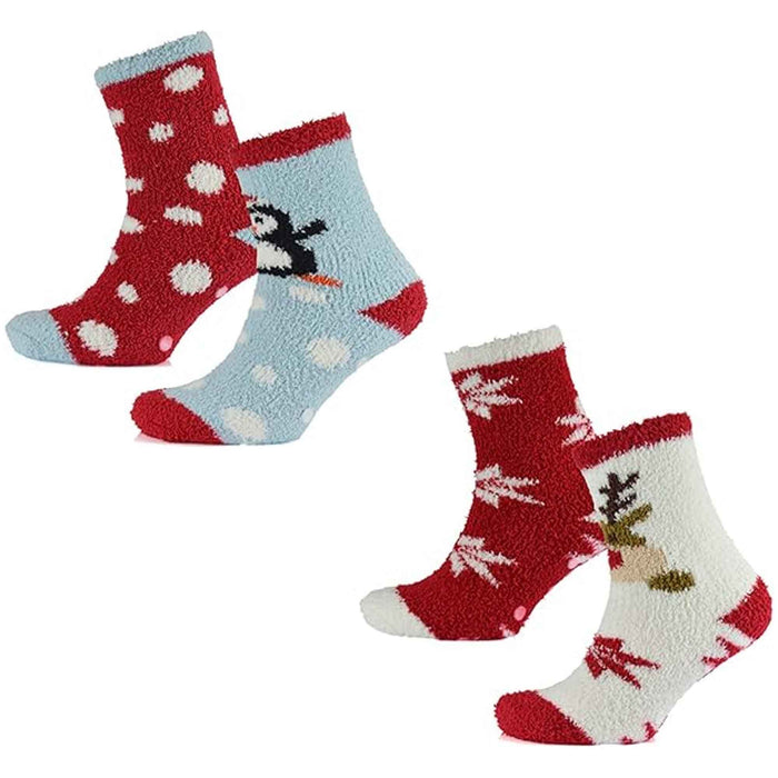4 Pairs Ladies Christmas Slipper Socks Non-Skid Gripper Soles Winter Stocking Filler Gift Festive Rudolph Penguin Designs Sock Stack Socks