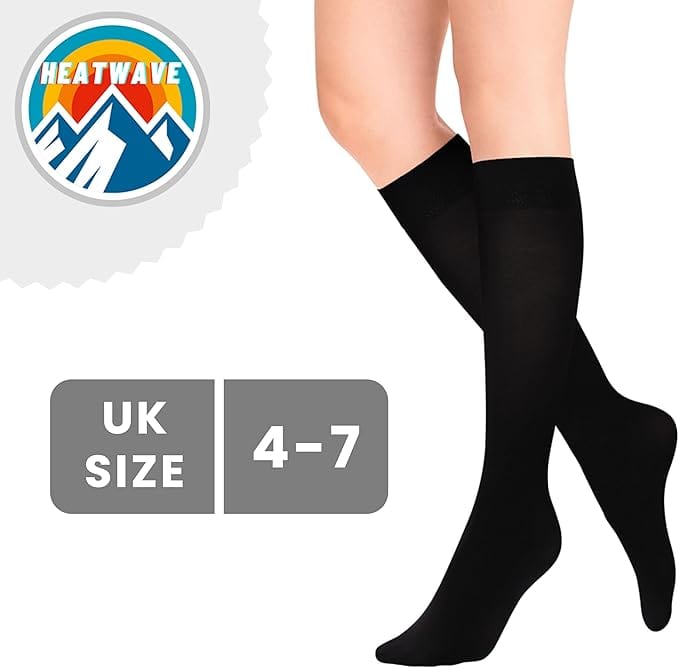 4 Pairs Women Knee High Socks Extra Long Smooth Thigh Grip Black Thermal Sock UK 4-7 by Heatwave Thermalwear UK 4-7 / BLACK Socks