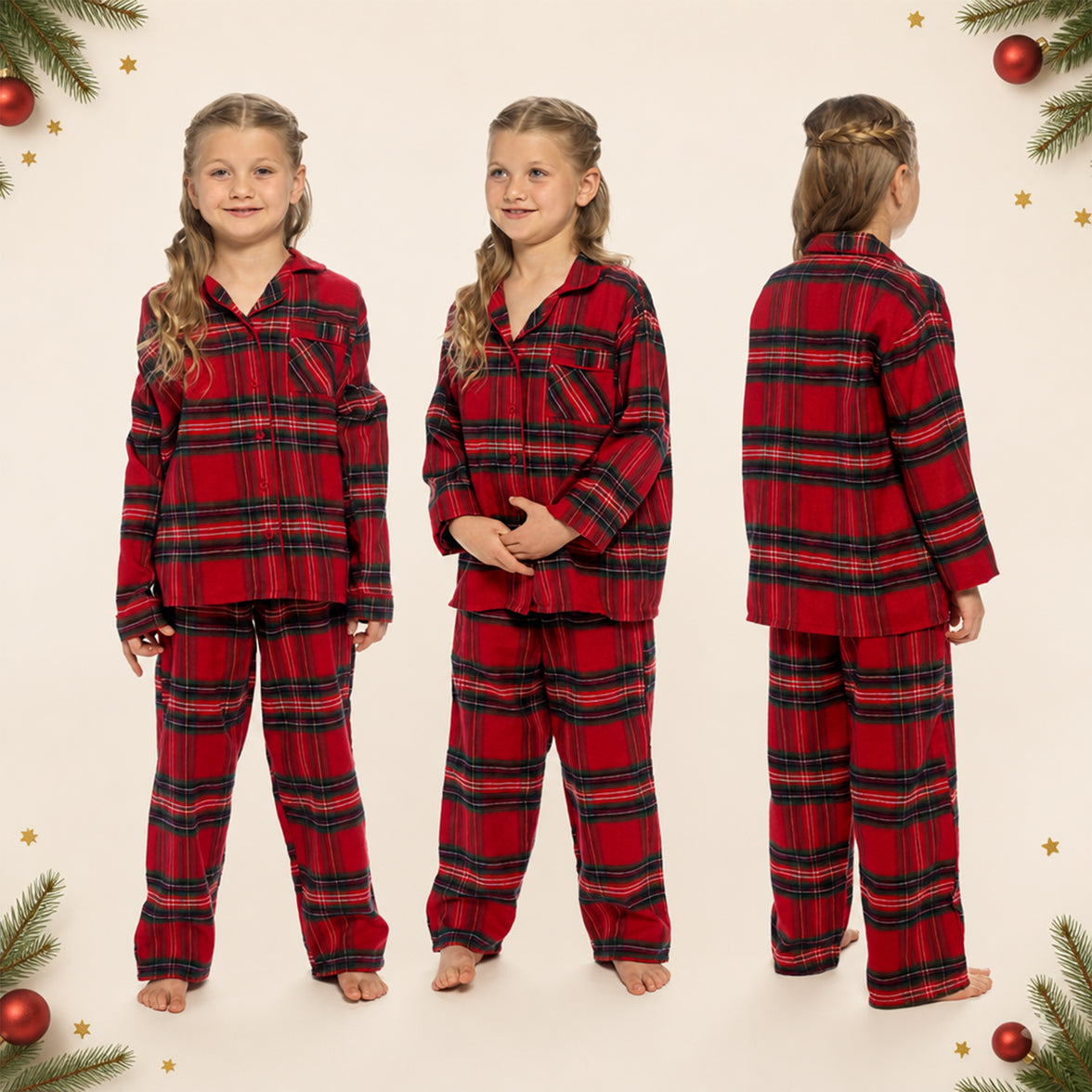 Daisy Dreamer girls' check pyjama set by Sock Stack, red and cream cotton-rich long sleeve button-up PJs for ages 3-14.