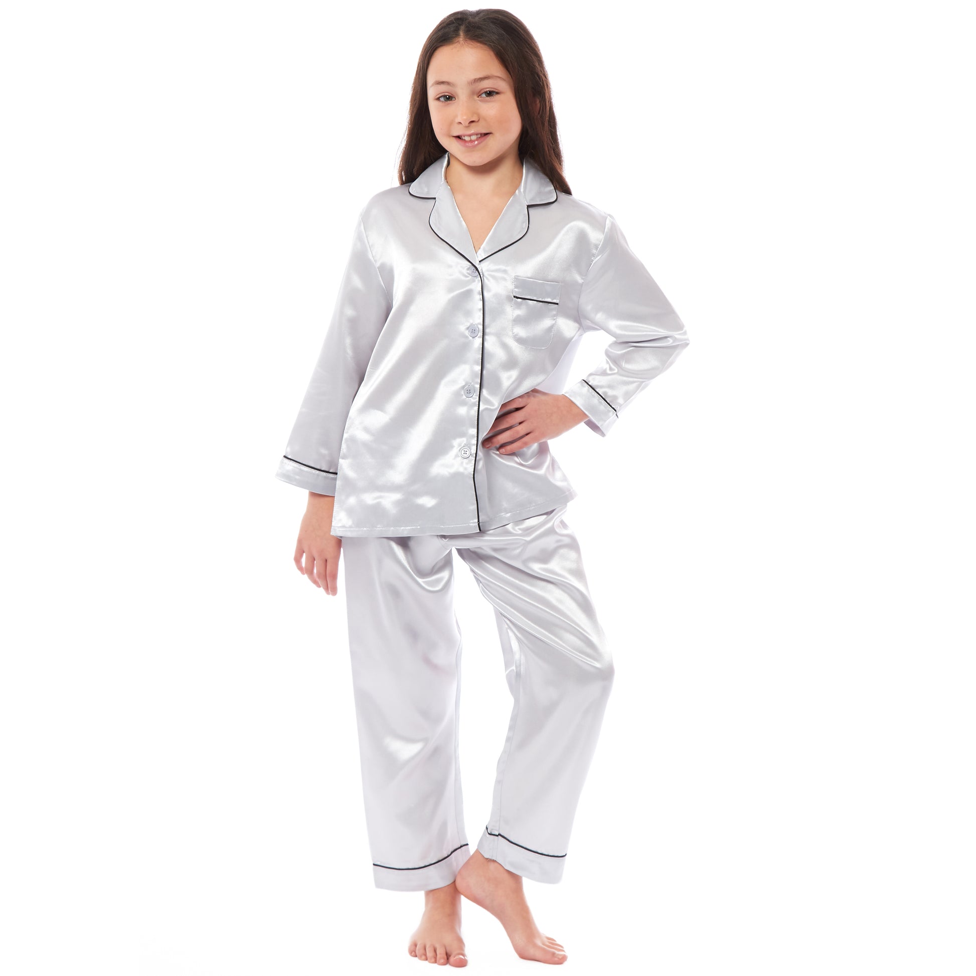 Girls Long Sleeve Satin Silk Pyjama Set Comfortable Button-Down Sleepwear in Black Pink Grey Sizes 5-14 YRS by Daisy Dreamer. Buy now for £14.00.