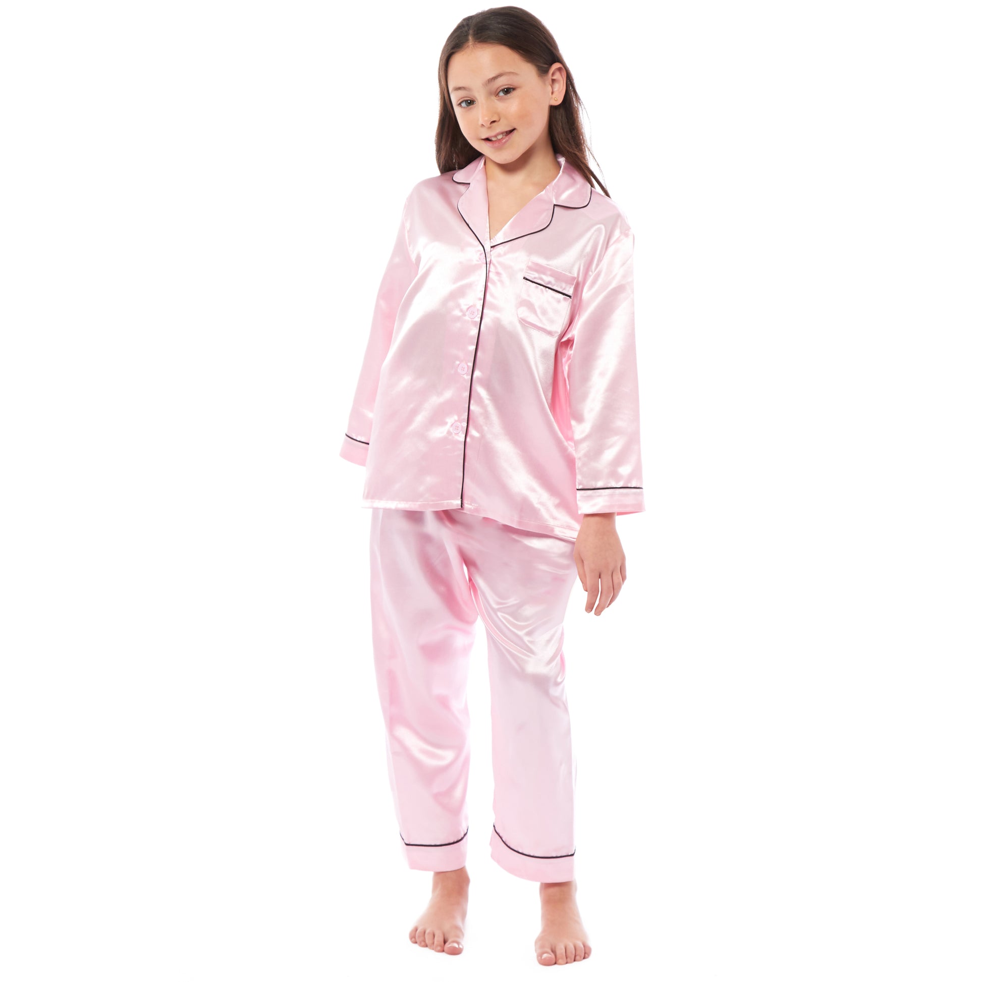 Girls Long Sleeve Satin Silk Pyjama Set Comfortable Button-Down Sleepwear in Black Pink Grey Sizes 5-14 YRS by Daisy Dreamer. Buy now for £14.00.