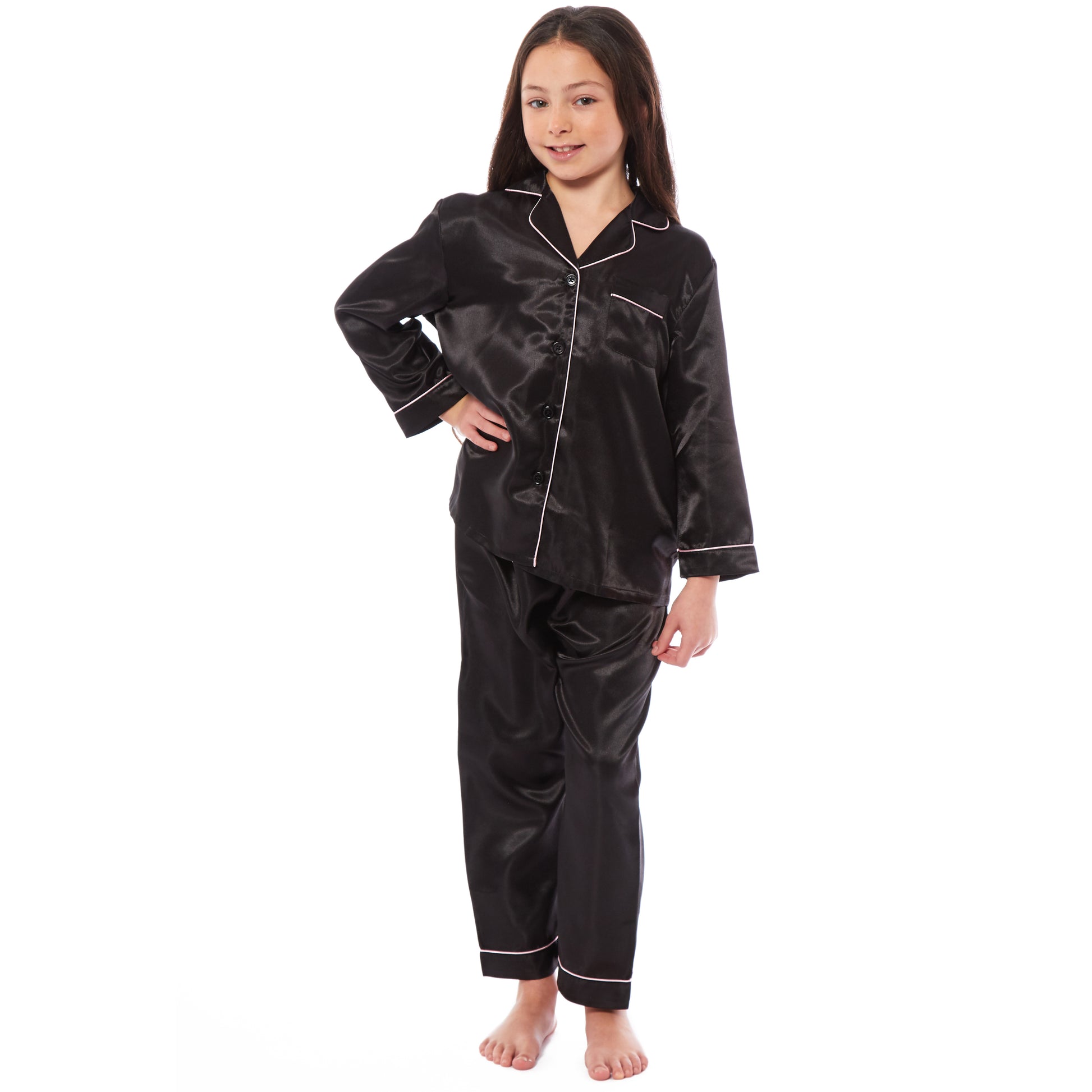 Girls Long Sleeve Satin Silk Pyjama Set Comfortable Button-Down Sleepwear in Black Pink Grey Sizes 5-14 YRS by Daisy Dreamer. Buy now for £14.00.