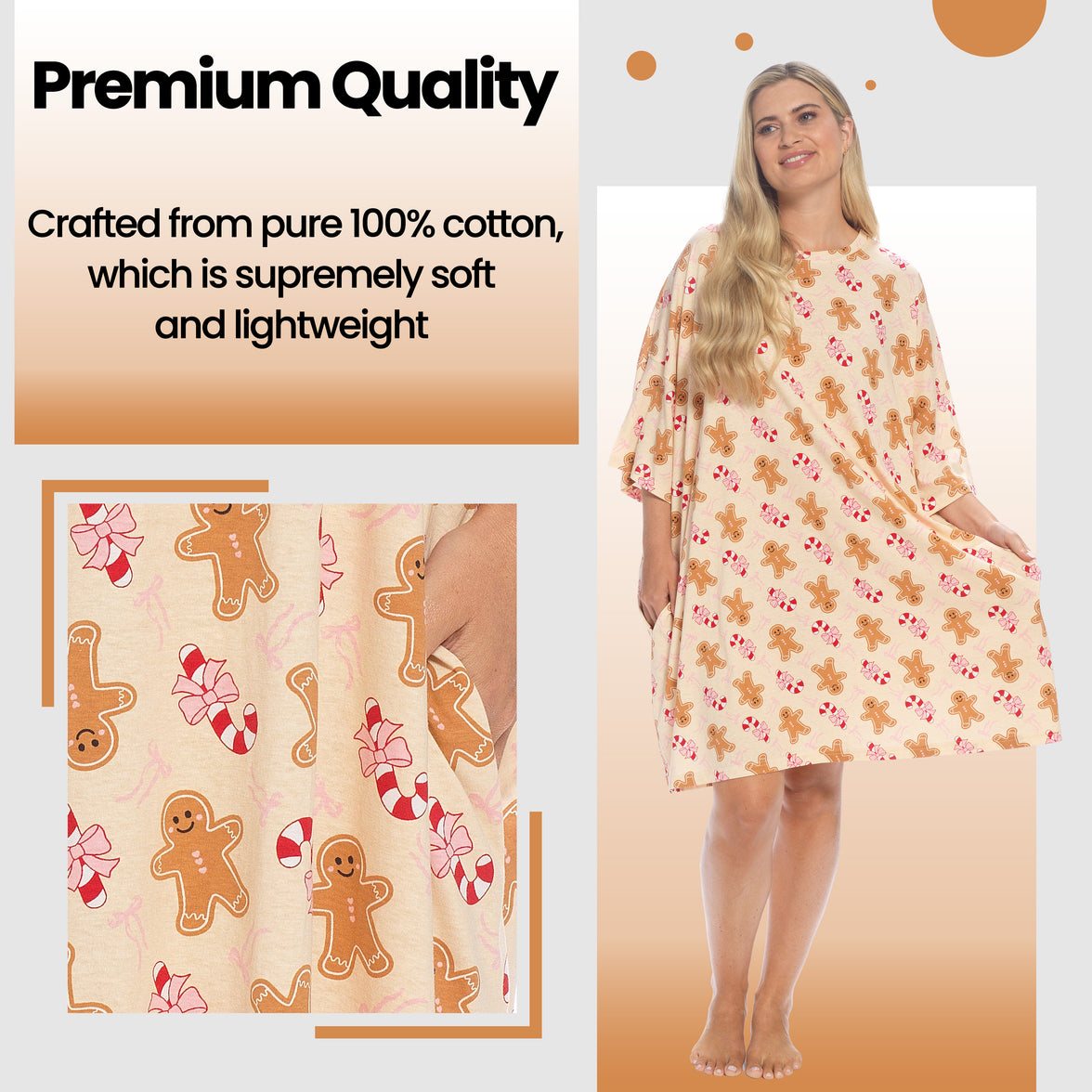 Camisón holgado para mujer Daisy Dreamer con estampado de bastones de caramelo y pan de jengibre, 100 % algodón, manga corta, talla única del Reino Unido