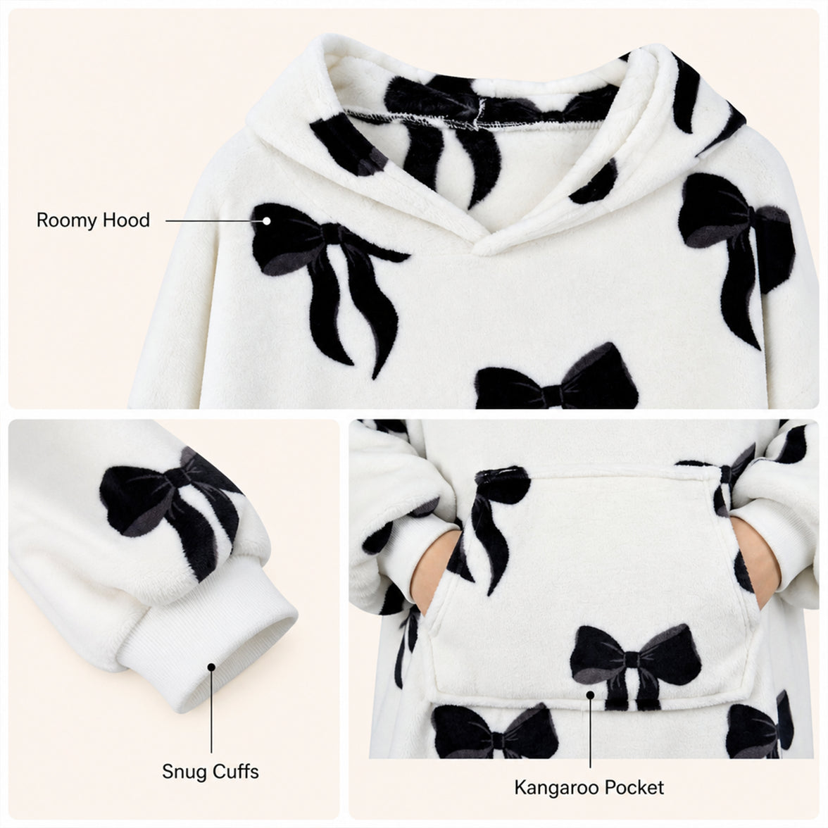 Daisy Dreamer oversized hooded blanket for women featuring a cozy fleece fabric with bows, Highland cow, and candy cane patterns.