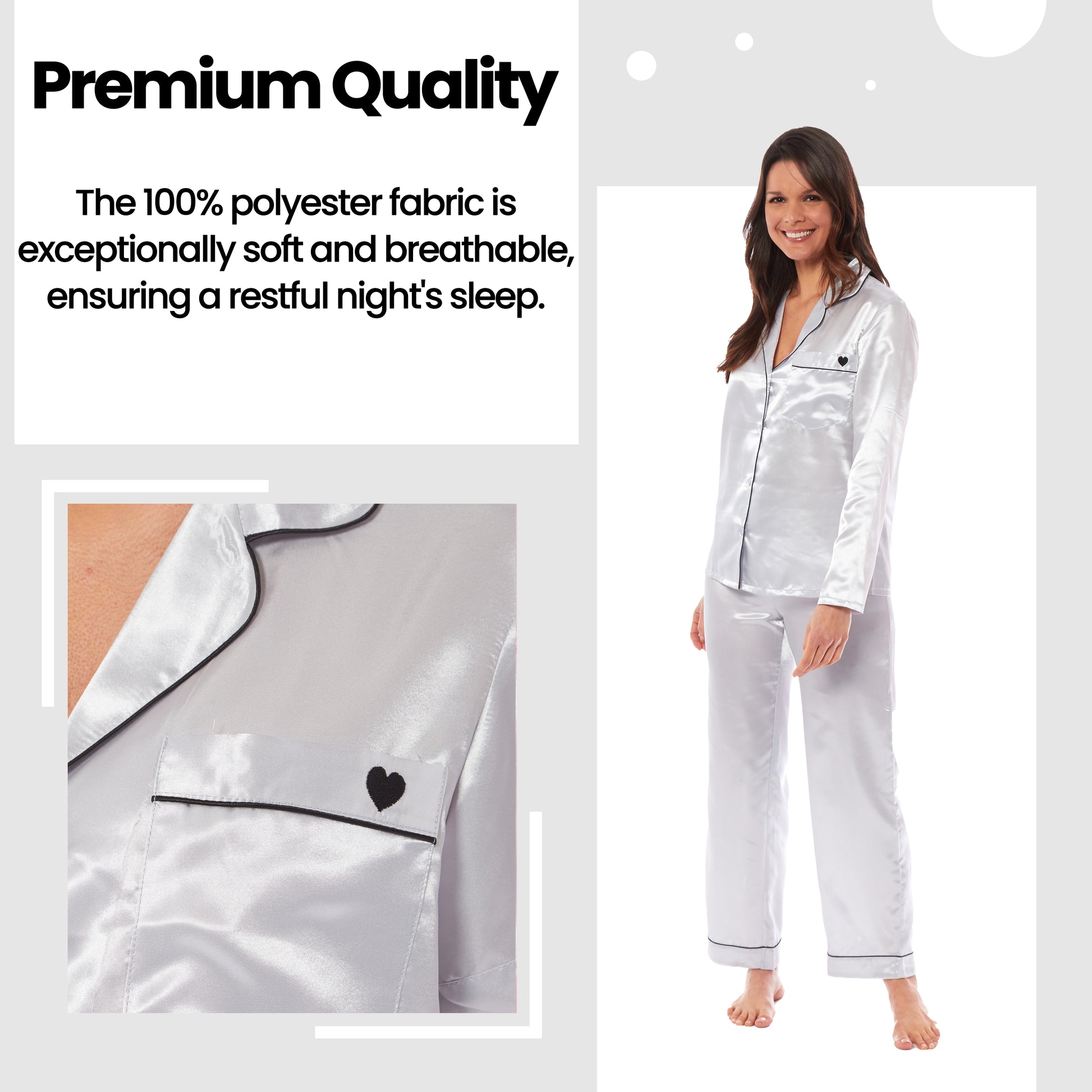 Luxurious Women's Satin Silk Long Sleeve Pyjama Set Cozy Loungewear Nightwear with Dress Shirt Collar and Loose-Fitting Pants in Black Pink Grey by Daisy Dreamer. Buy now for £13.00.