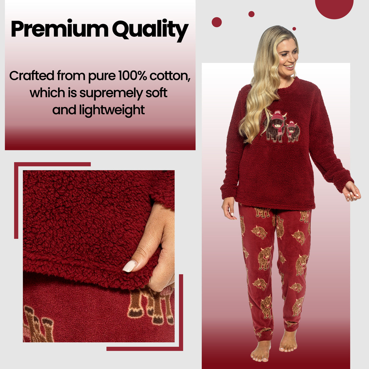 Daisy Dreamer women's Highland cow print cotton jersey pyjama set with long sleeves, comfortable loungewear in S-XL UK sizes