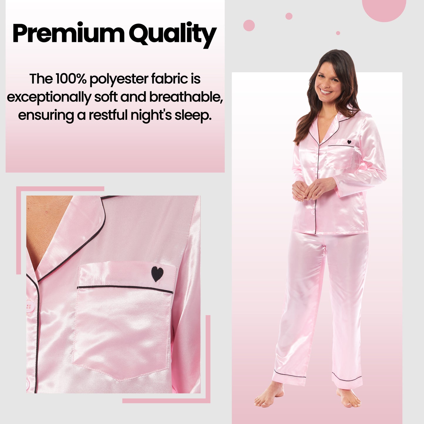Luxurious Women's Satin Silk Long Sleeve Pyjama Set Cozy Loungewear Nightwear with Dress Shirt Collar and Loose-Fitting Pants in Black Pink Grey by Daisy Dreamer. Buy now for £13.00.