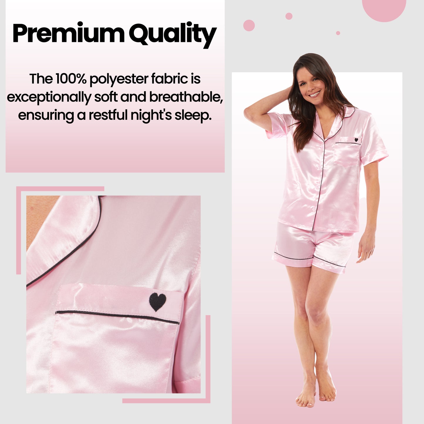 Women's Satin Silk Short Pyjama Set, Ladies Everyday Loungewear, Cosy Nightwear PJs, Black Pink Grey