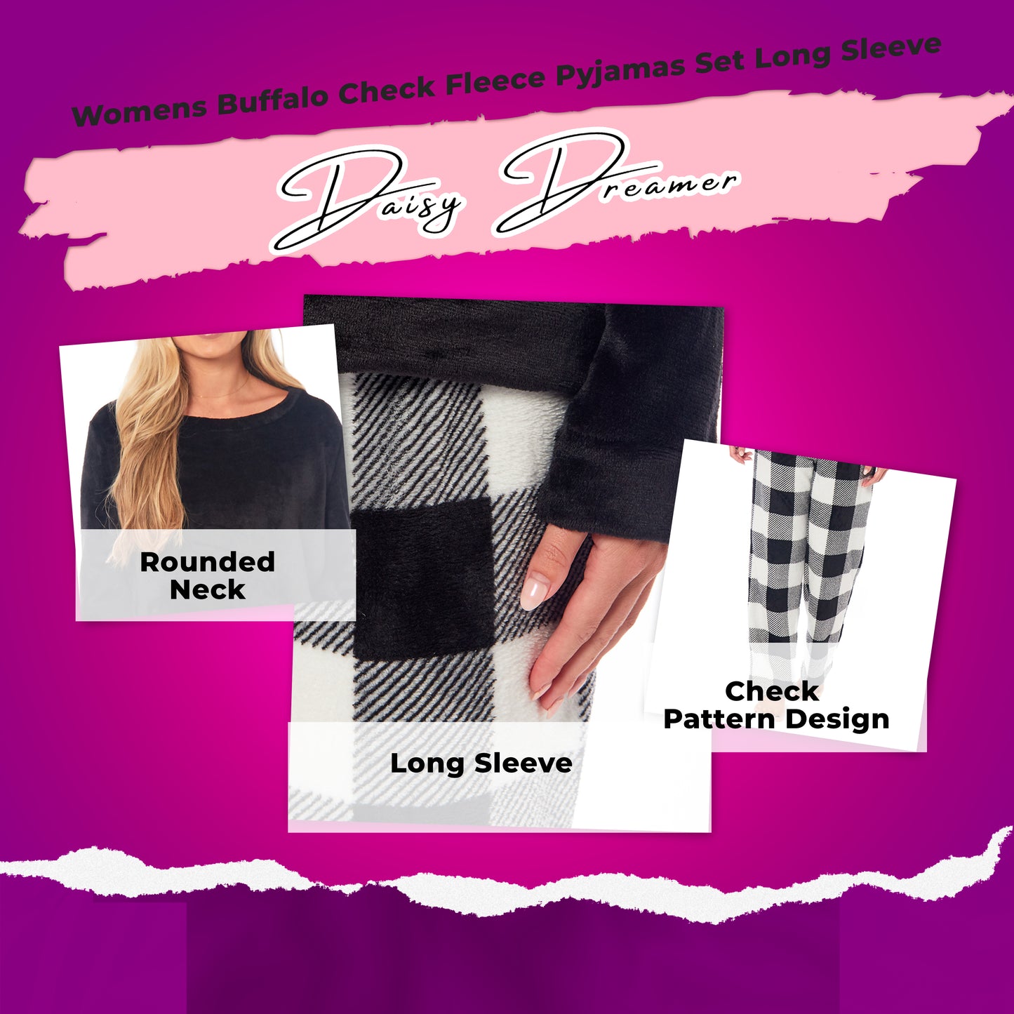 Women's Buffalo Check Fleece Pyjamas Set, Long Sleeve Top & Pajama Bottoms, Cosy Loungewear Nightwear