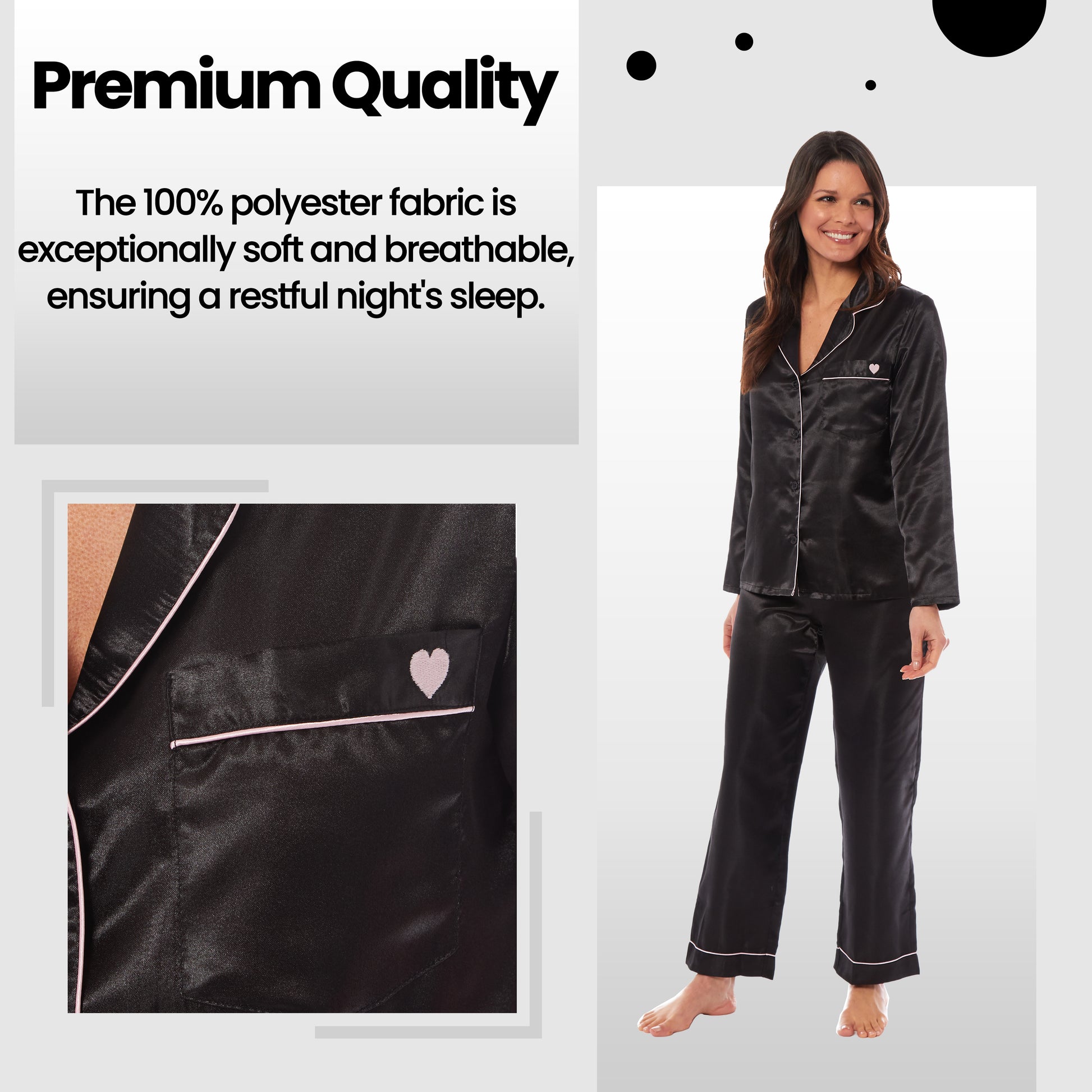 Luxurious Women's Satin Silk Long Sleeve Pyjama Set Cozy Loungewear Nightwear with Dress Shirt Collar and Loose-Fitting Pants in Black Pink Grey by Daisy Dreamer. Buy now for £13.00.
