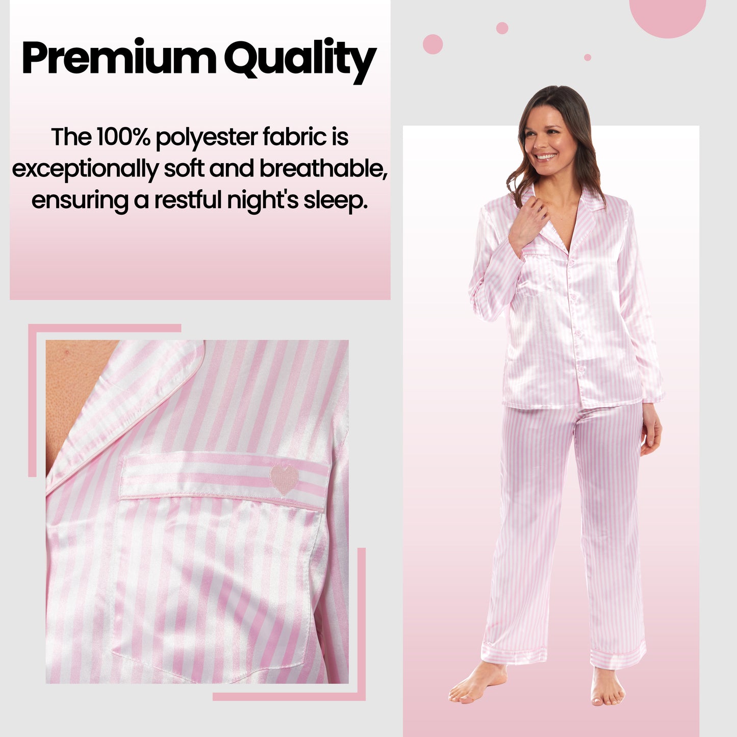 Luxurious Women's Satin Silk Long Sleeve Pyjama Set Cozy Loungewear Nightwear with Dress Shirt Collar and Loose-Fitting Pants in Black Pink Grey by Daisy Dreamer. Buy now for £13.00.
