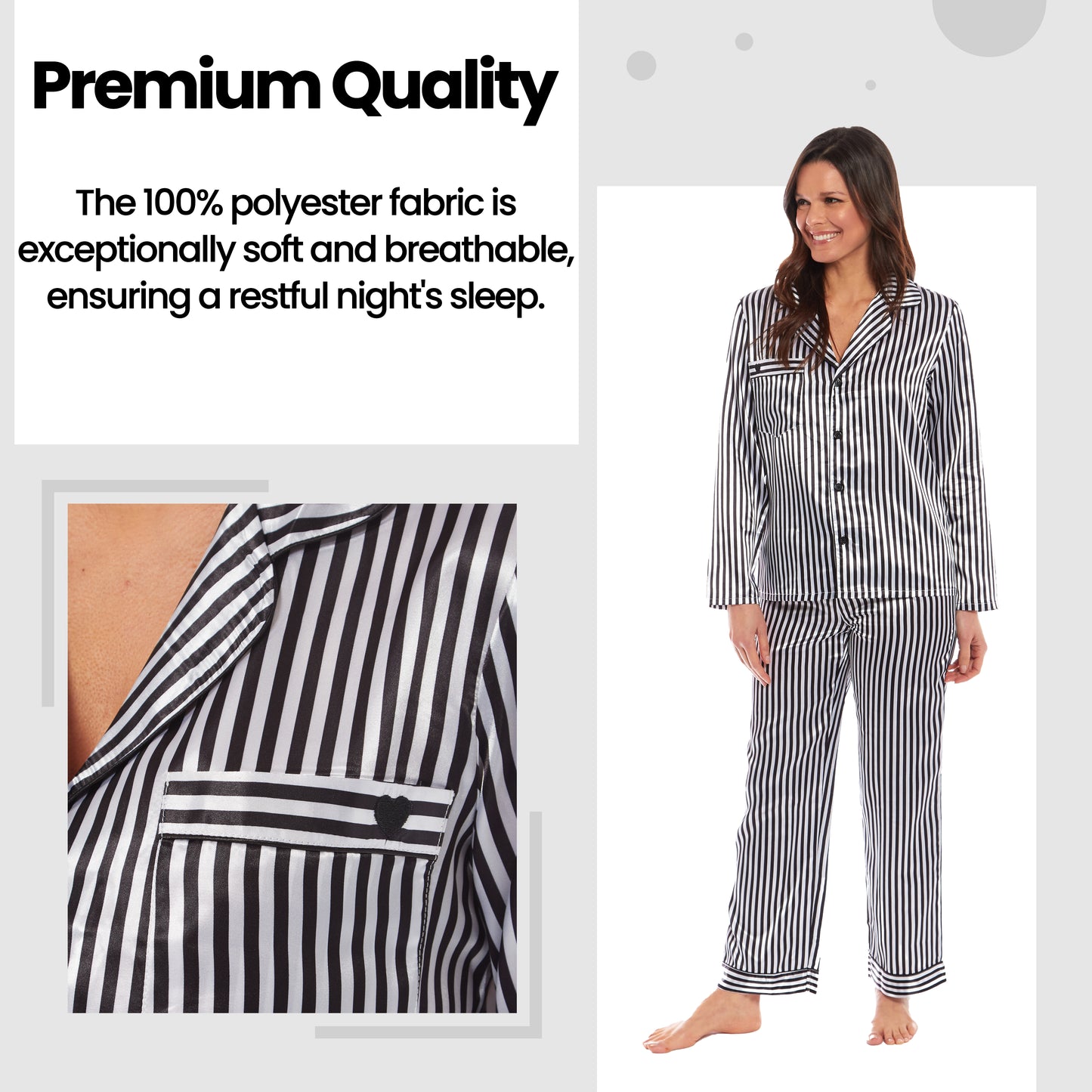 Luxurious Women's Satin Silk Long Sleeve Pyjama Set Cozy Loungewear Nightwear with Dress Shirt Collar and Loose-Fitting Pants in Black Pink Grey by Daisy Dreamer. Buy now for £13.00.