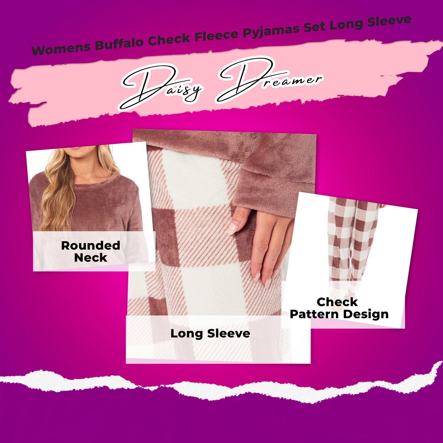 Women's Buffalo Check Fleece Pyjamas Set Long Sleeve Top & Pajama Bottoms Loungewear