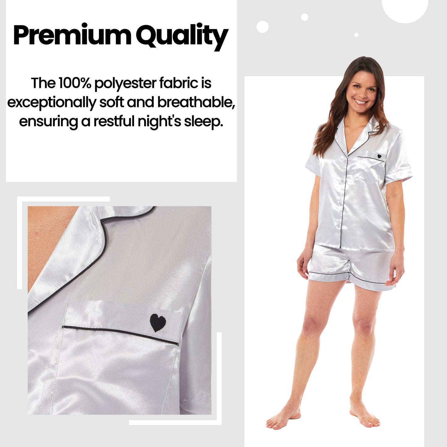 Women's Satin Silk Short Pyjama Set Soft Breathable Nightwear Loungewear PJs Black Pink Grey UK Sizes 8-22 by Daisy Dreamer. Buy now for £10.00.