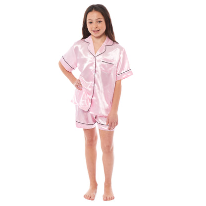 Kids Satin Silk Pyjama Set for Girls with Button-Down Shirt and Loose-Fitting Pants Comfortable Loungewear in Black Pink Grey Ages 5-14 by Daisy Dreamer. Buy now for £12.00.