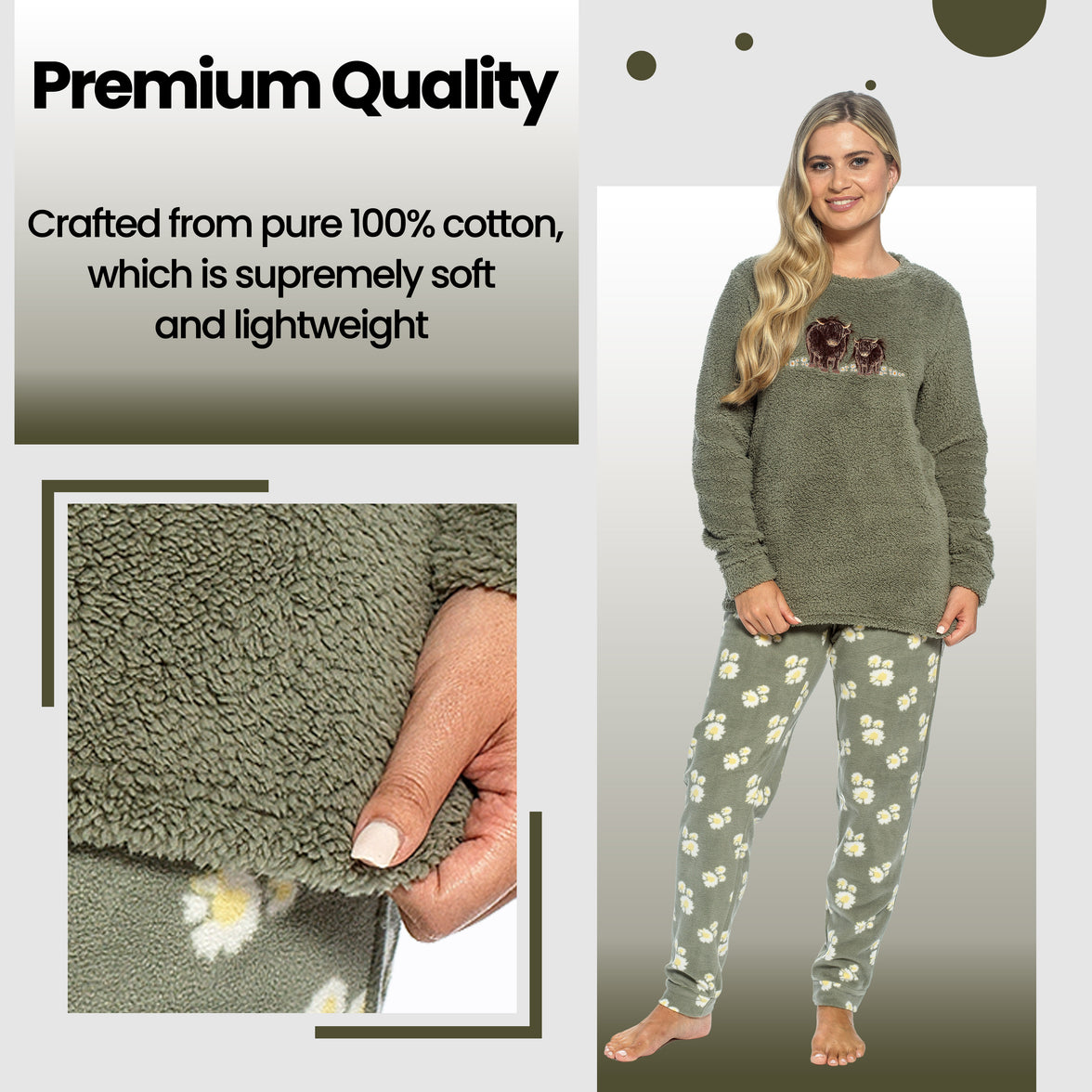 Conjunto de pijama de jersey de algodón con estampado de vaca Highland para mujer Daisy Dreamer, manga larga, ropa cómoda