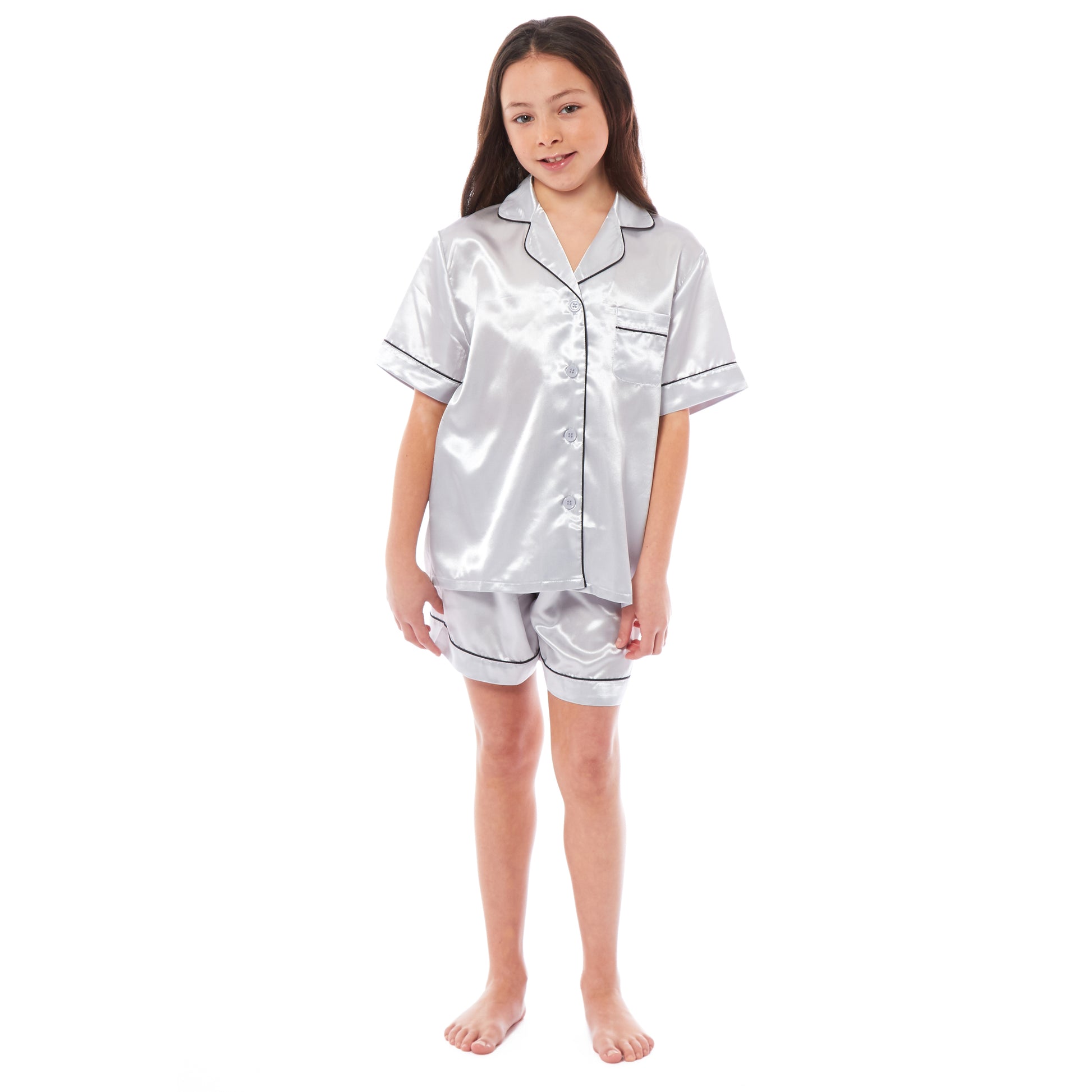Kids Satin Silk Pyjama Set for Girls with Button-Down Shirt and Loose-Fitting Pants Comfortable Loungewear in Black Pink Grey Ages 5-14 by Daisy Dreamer. Buy now for £12.00.
