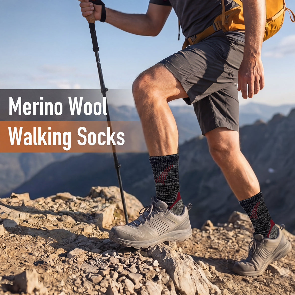 Sock Stack men's merino wool hiking and walking socks in a 4-pack, featuring cushioned soles, UK size 6-11, shown in a group.