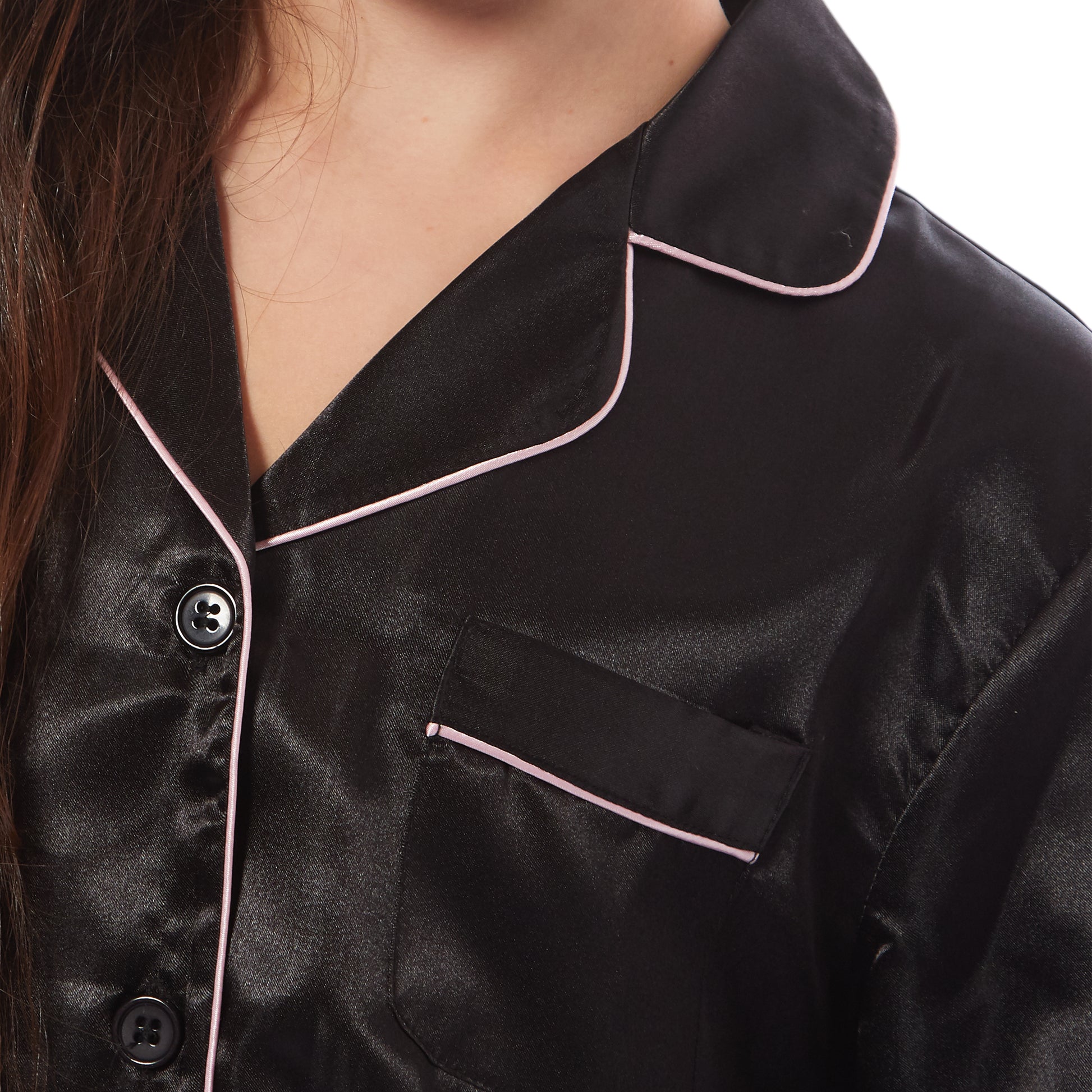 Girls Long Sleeve Satin Silk Pyjama Set Comfortable Button-Down Sleepwear in Black Pink Grey Sizes 5-14 YRS by Daisy Dreamer. Buy now for £14.00.
