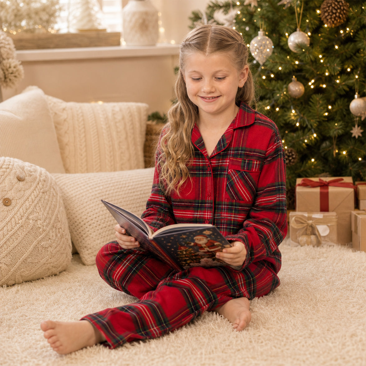 Girls' Daisy Dreamer Wincey Check pyjama set by Sock Stack, cotton-rich long sleeve PJs in red and cream check pattern for ages 3-14.